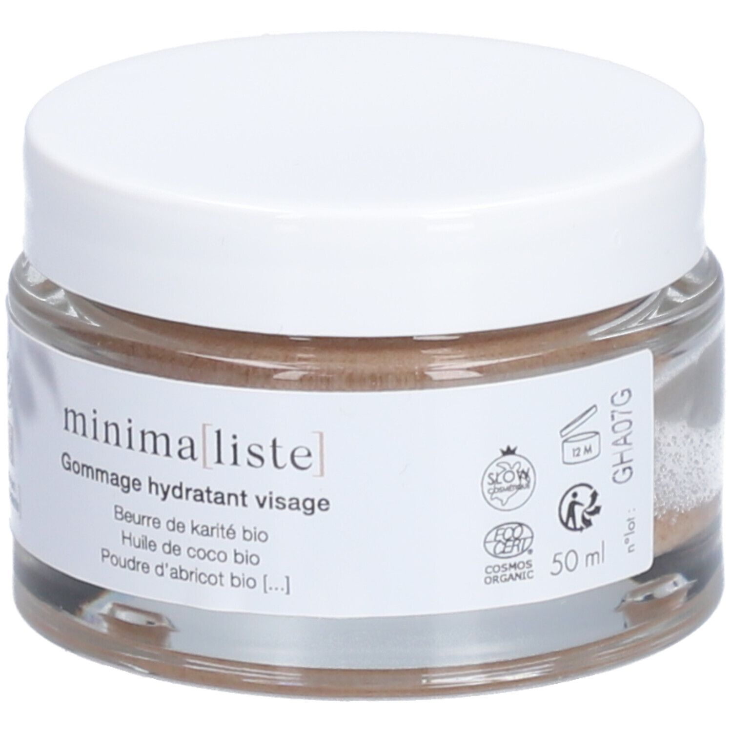 Pot en verre avec couvercle blanc. minima[liste]. Gommage hydratant visage. 50 ml. Label bio. Ingrédients : beurre de karité, huile de coco.
