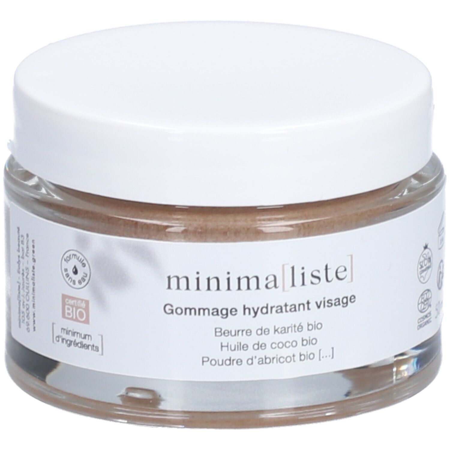Pot en verre avec couvercle blanc. minima[liste]. Gommage hydratant visage. 50 ml. Label bio. Ingrédients : beurre de karité, huile de coco.