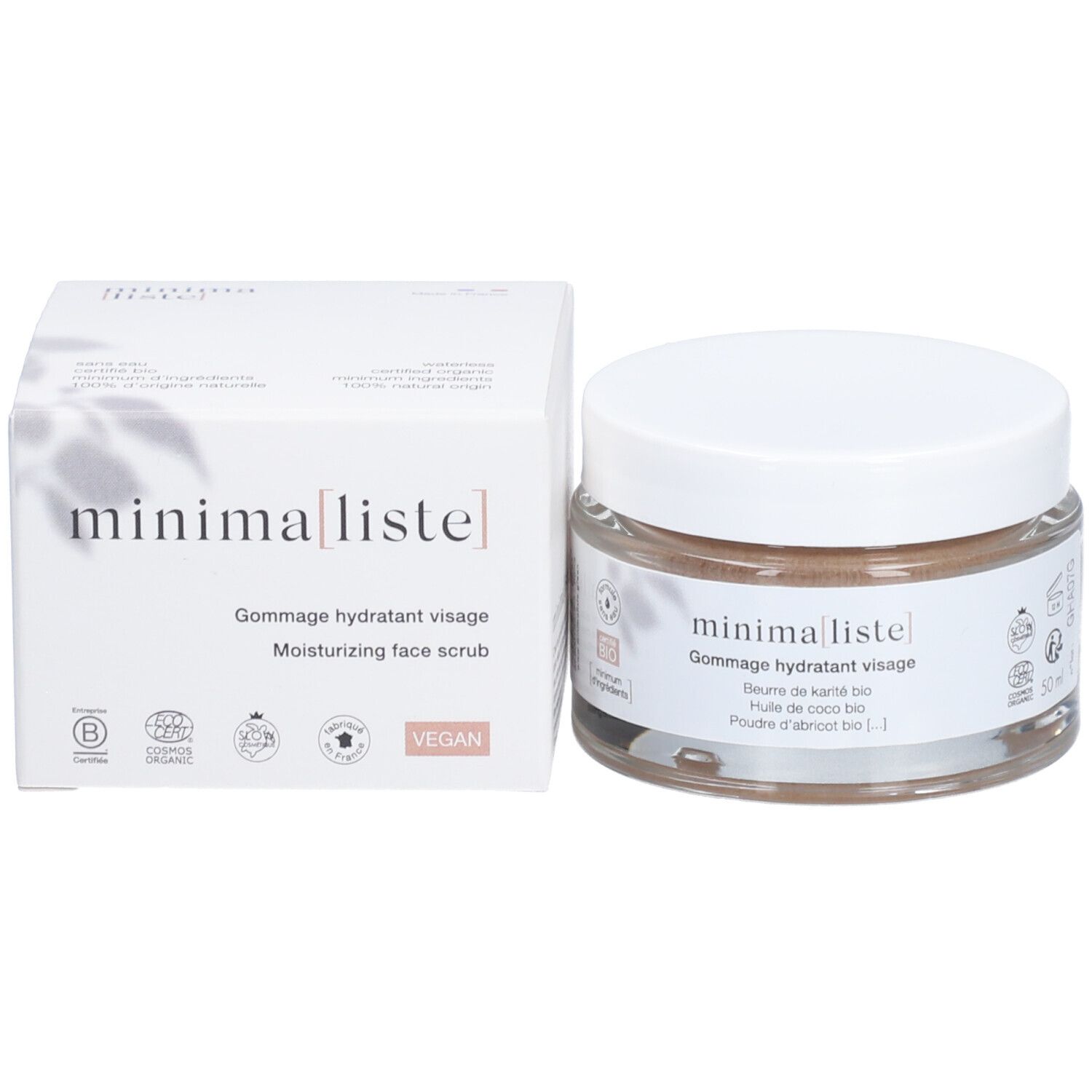 Produit et emballage. minima[liste]. Gommage hydratant visage. Label Vegan. Ingrédients : beurre de karité, huile de coco.