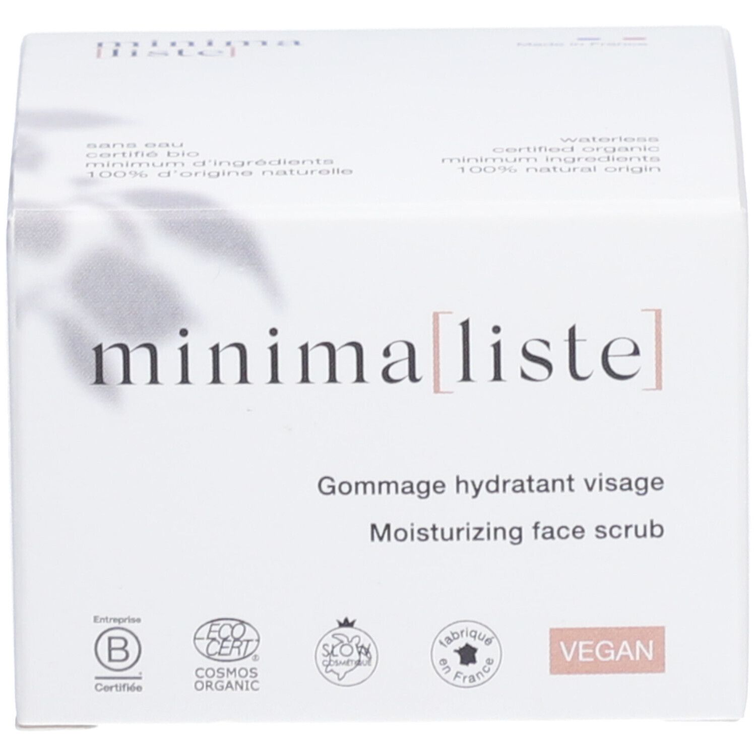 Emballage. minima[liste]. Gommage hydratant visage. Label Vegan. Ingrédients bio certifiés. Fabriqué en France.