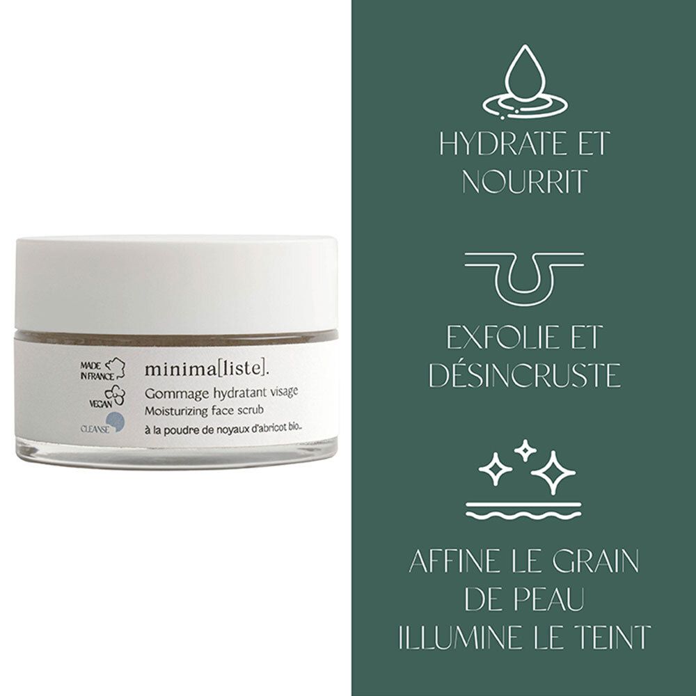Graphique avec icônes et texte. Hydrate et nourrit. Exfolie et désincruste. Affine le grain de peau et illumine le teint.
