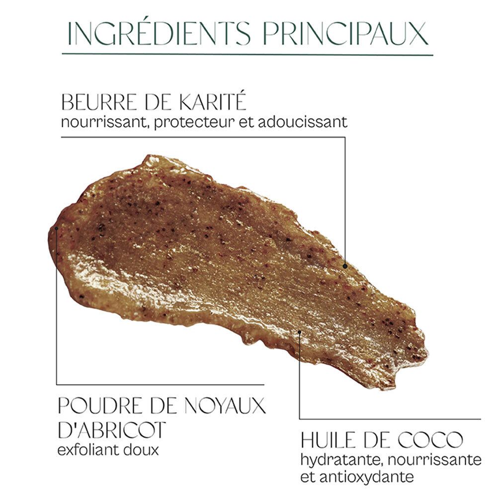 Gros plan du gommage. Ingrédients : beurre de karité, huile de coco, poudre de noyaux d'abricot. Texte : Ingrédients principaux.