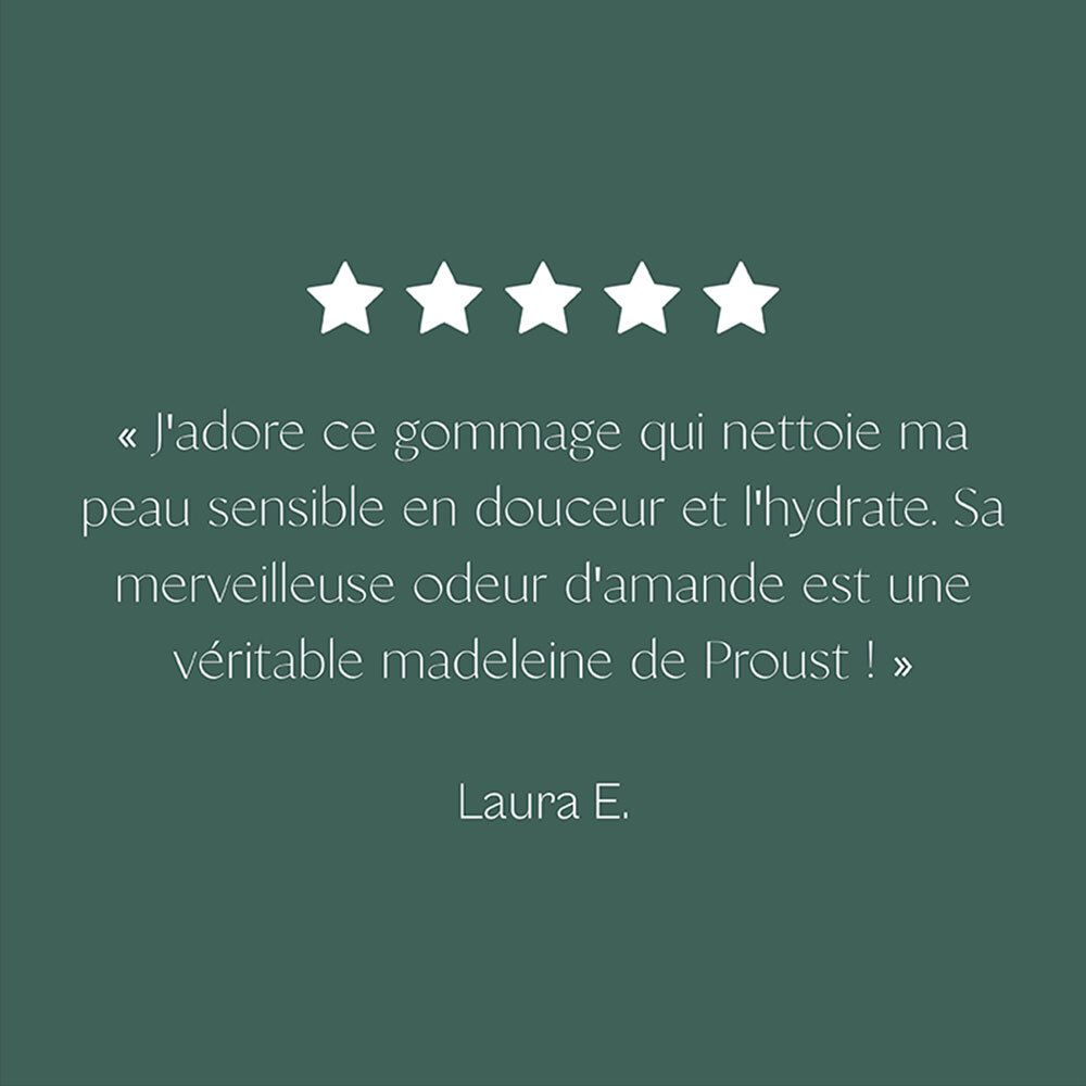 Cinq étoiles. Citation : J'adore ce gommage qui nettoie ma peau sensible en douceur et l'hydrate.
