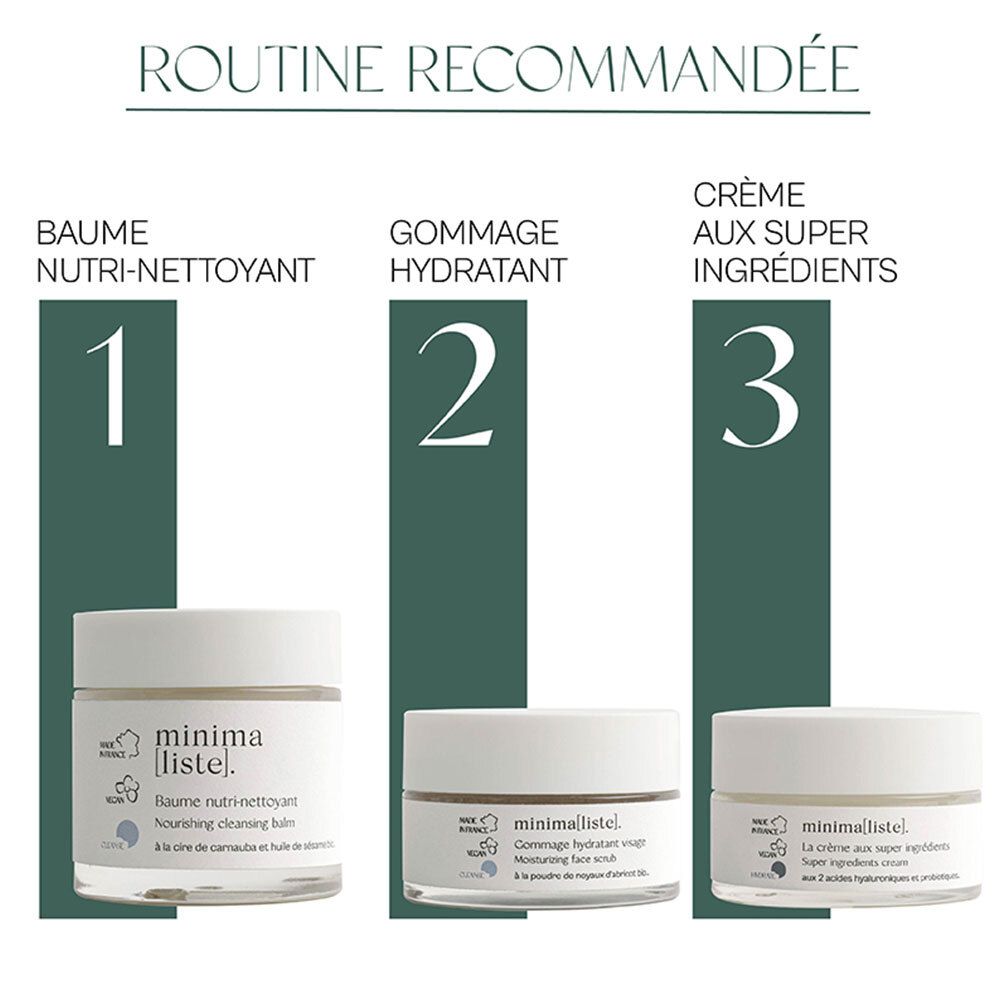 Routine recommandée. 3 produits : Baume nutri-nettoyant, Gommage hydratant, Crème aux super ingrédients. minima[liste].
