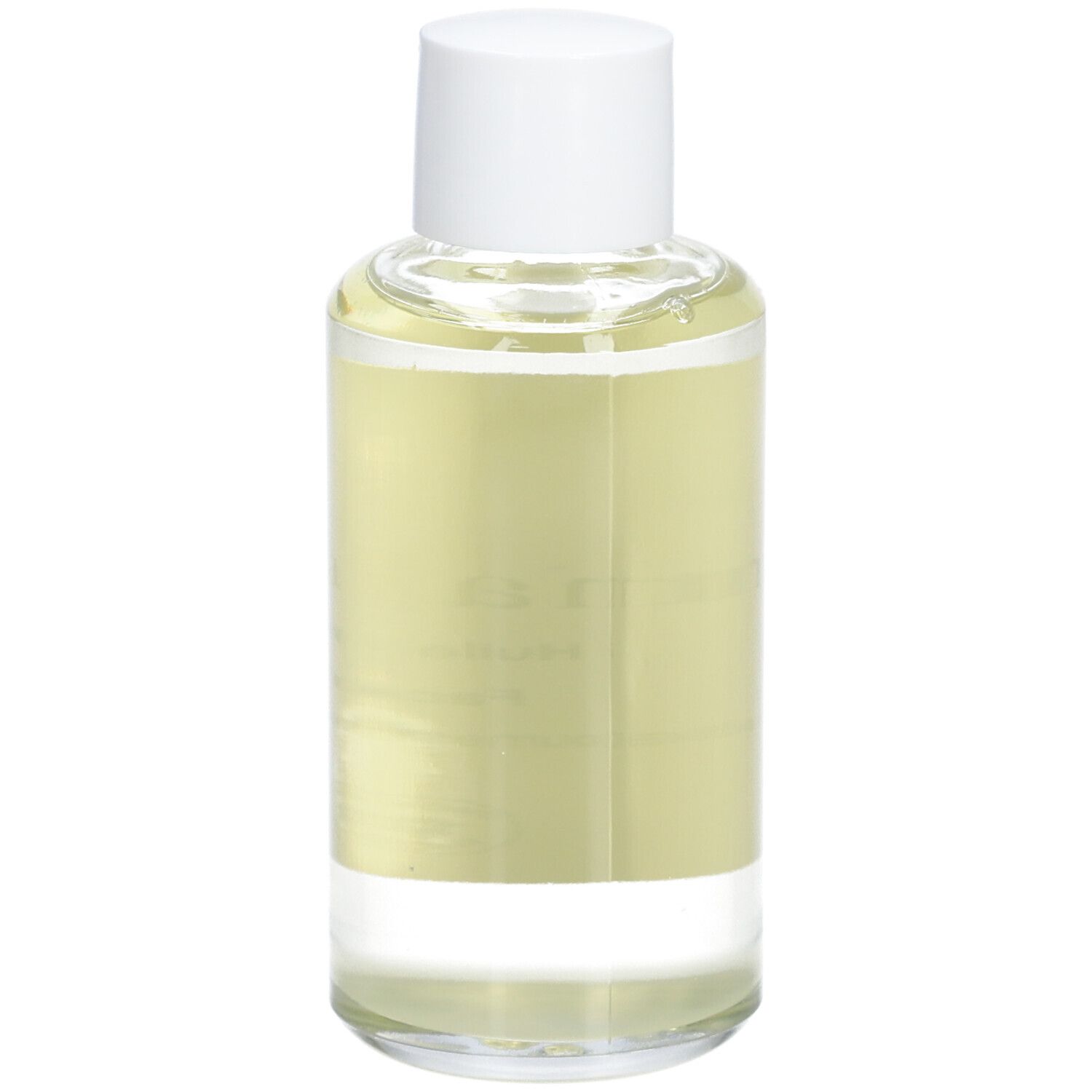 Flacon en verre transparent avec bouchon blanc et étiquette. Inscription : minima[liste]. Face cleansing oil.