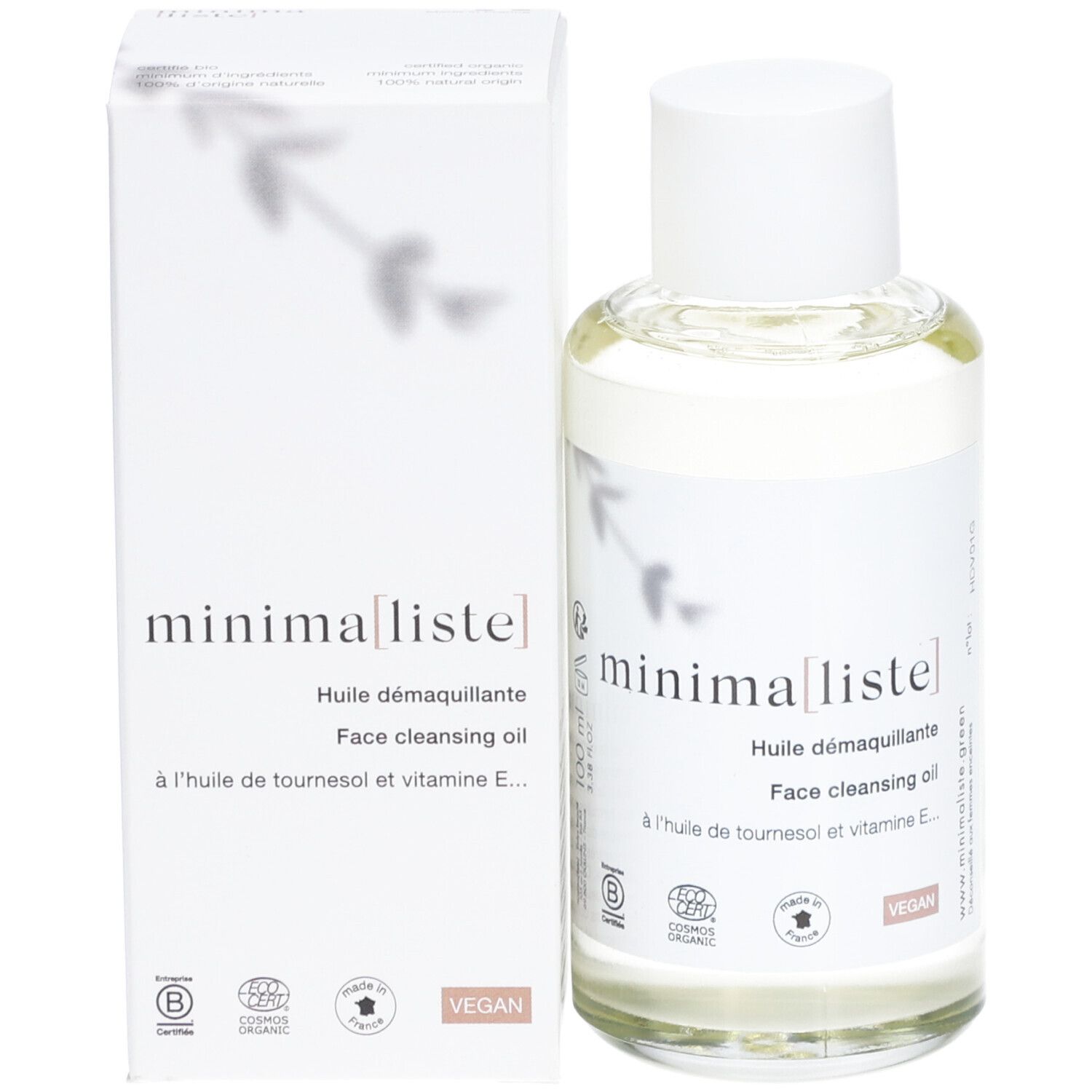 Flacon et emballage du produit. Inscription : minima[liste]. Face cleansing oil. Vegan.