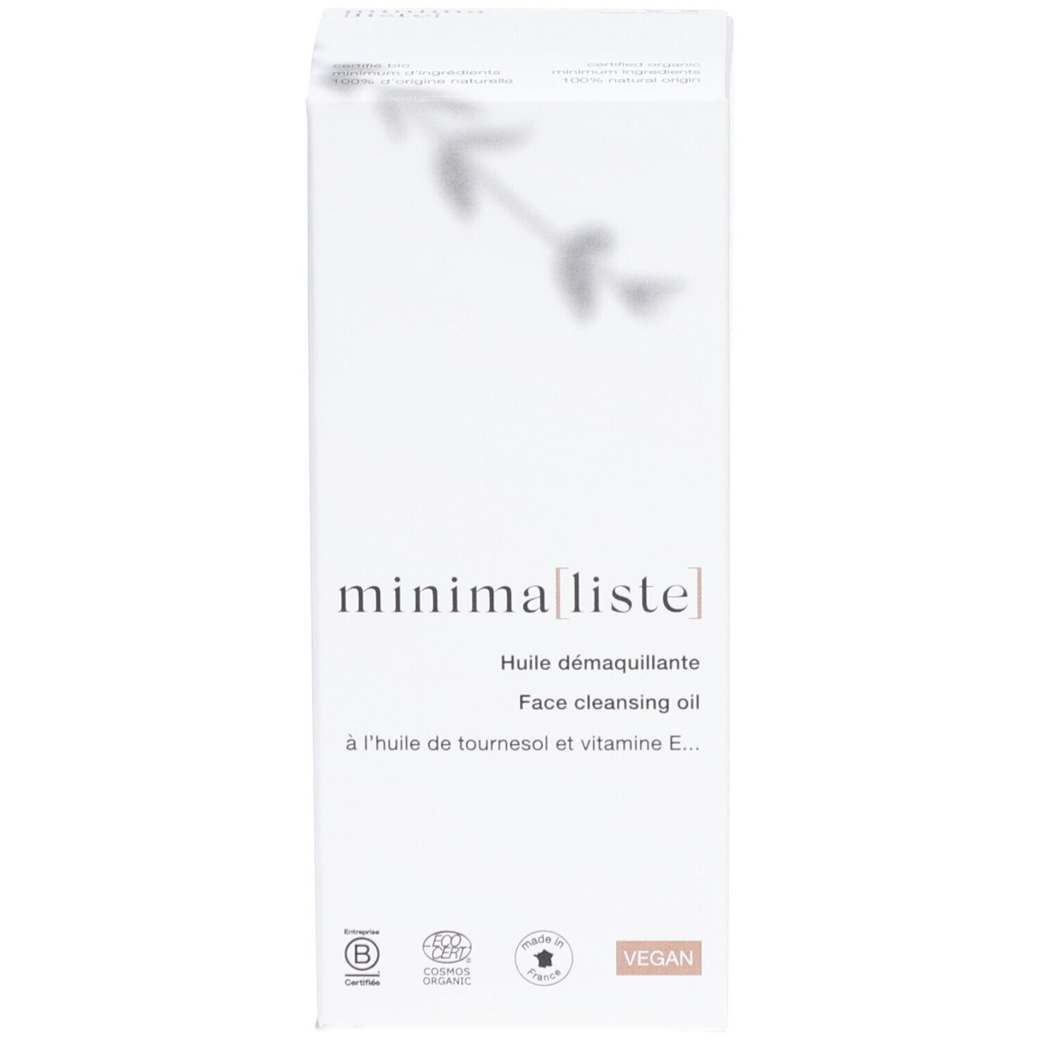 Emballage du produit. Inscription : minima[liste]. Face cleansing oil. Vegan.