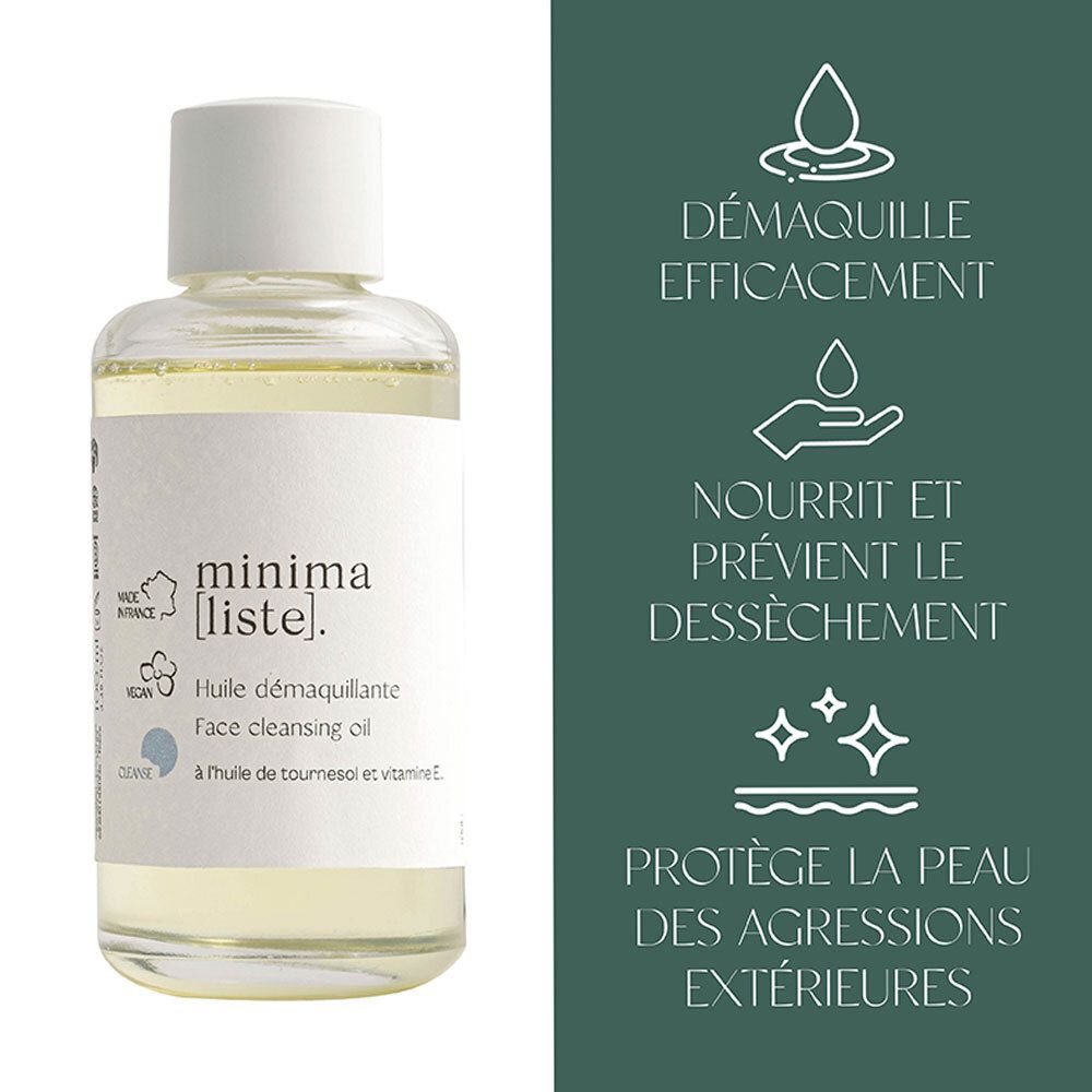 Graphique avec gouttes, étoiles et texte. Texte : DÉMAQUILLAGE EFFICACEMENT, NOURRIT ET PRÉVIENT LE DESSÈCHEMENT, PROTÈGE LA PEAU.
