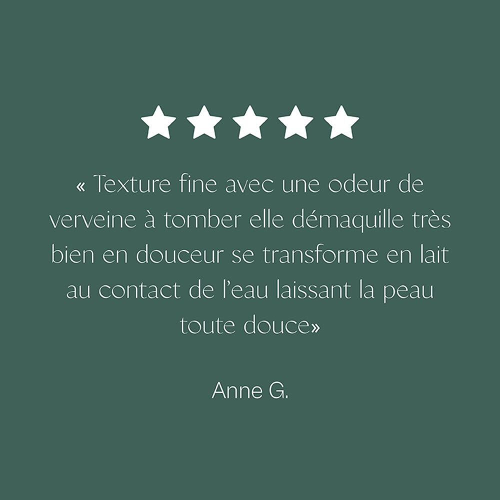 Texte sur fond vert avec 5 étoiles. Texte : Texture fine avec une odeur de verveine... Anne G.