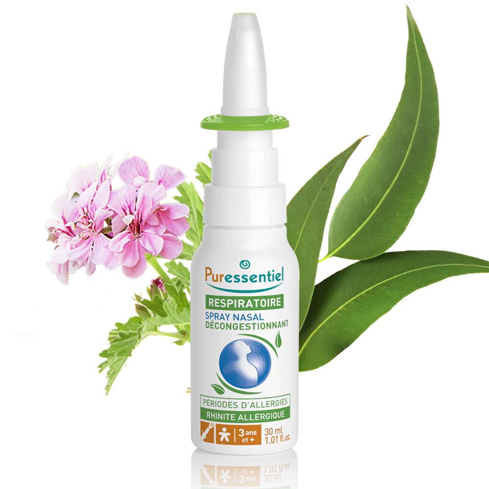 Spray nasal avec fleurs et feuilles. Inscription: Puressentiel RESPIRATOIRE. Allergie.