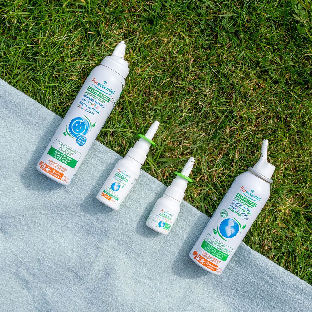 Trois sprays nasaux et un vaporisateur. Inscription: Puressentiel RESPIRATOIRE. Allergie.