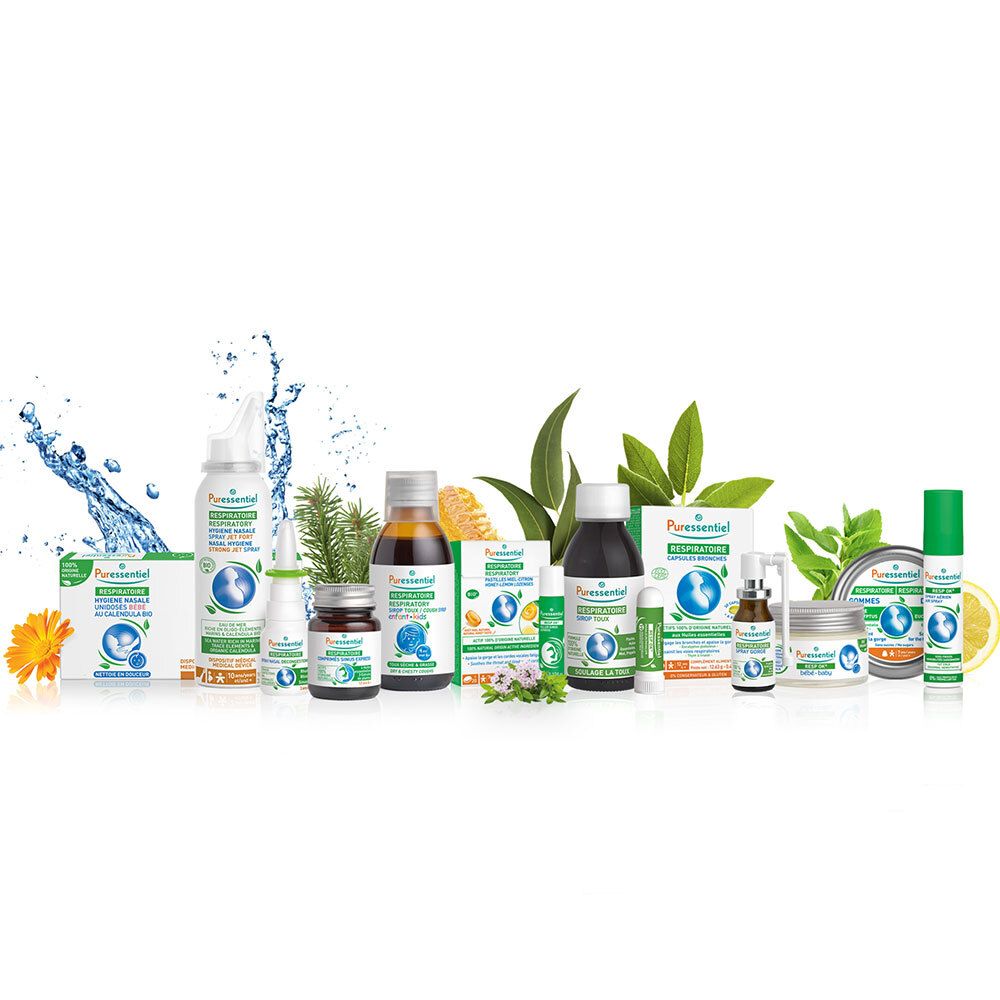 Divers produits. Inscription: Puressentiel RESPIRATOIRE. Allergie. Flacons, sprays.