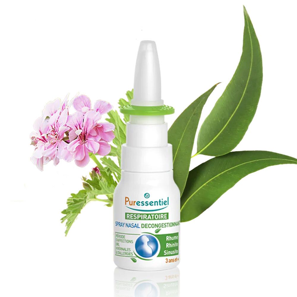 Flacon de spray nasal blanc, capuchon vert. Décoré de fleurs et feuilles. Texte: PURESSENTIEL RESPIRATOIRE.