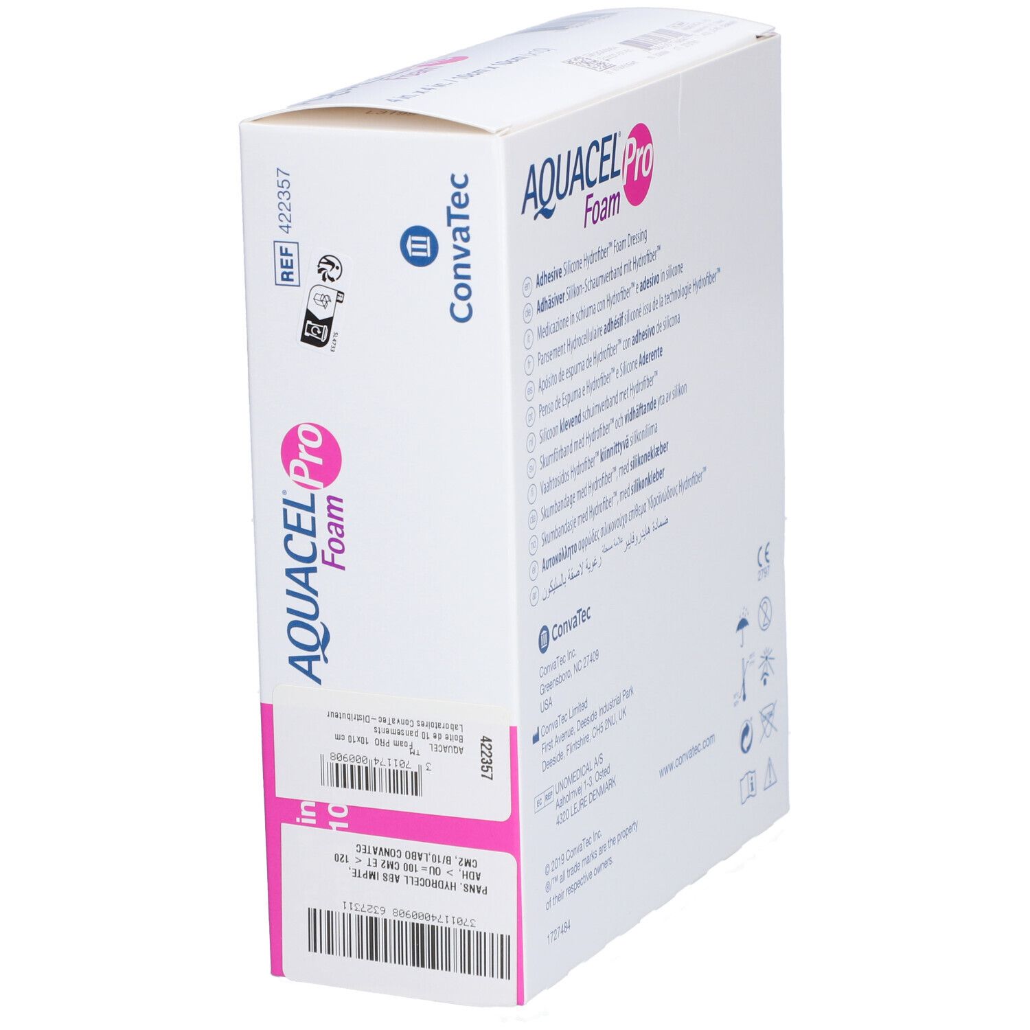 Vue latérale de la boîte. Nom du produit, numéro REF, code-barres et informations fabricant.