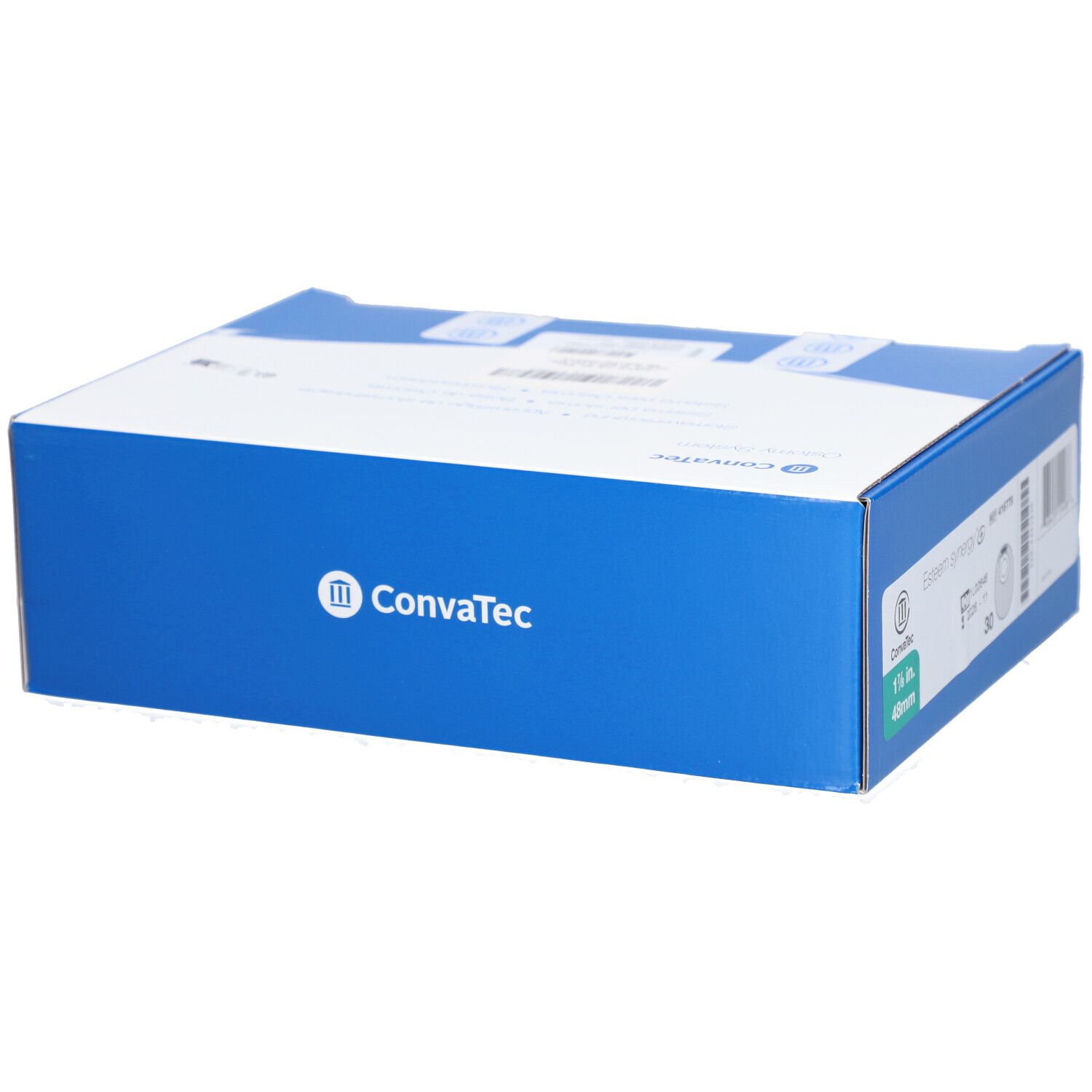 Emballage en carton bleu et blanc. Marque ConvaTec. Sur le côté : logo ConvaTec.