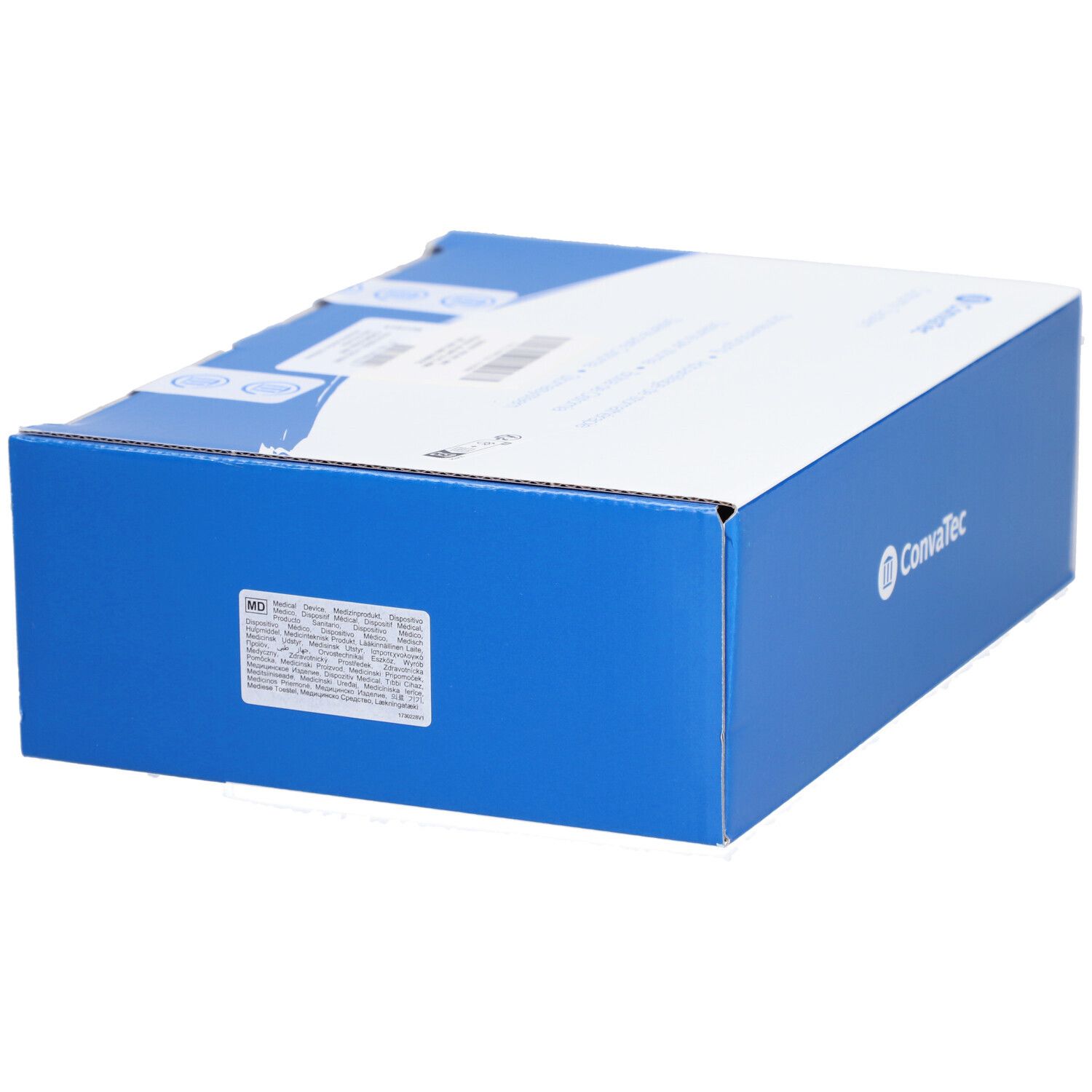 Emballage en carton bleu et blanc. Sur le côté : informations sur le produit et code-barres.