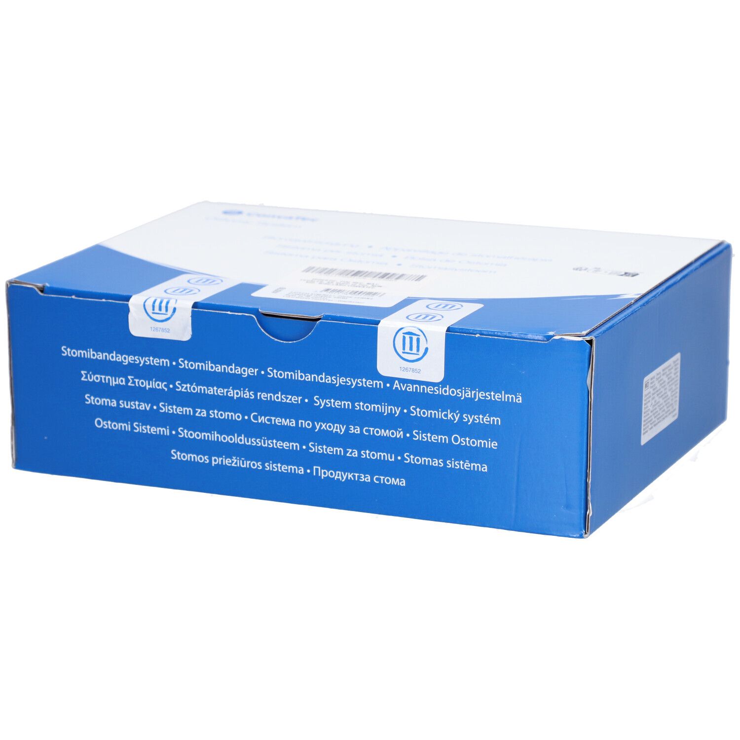 Emballage en carton bleu et blanc. Désignations multilingues du produit.