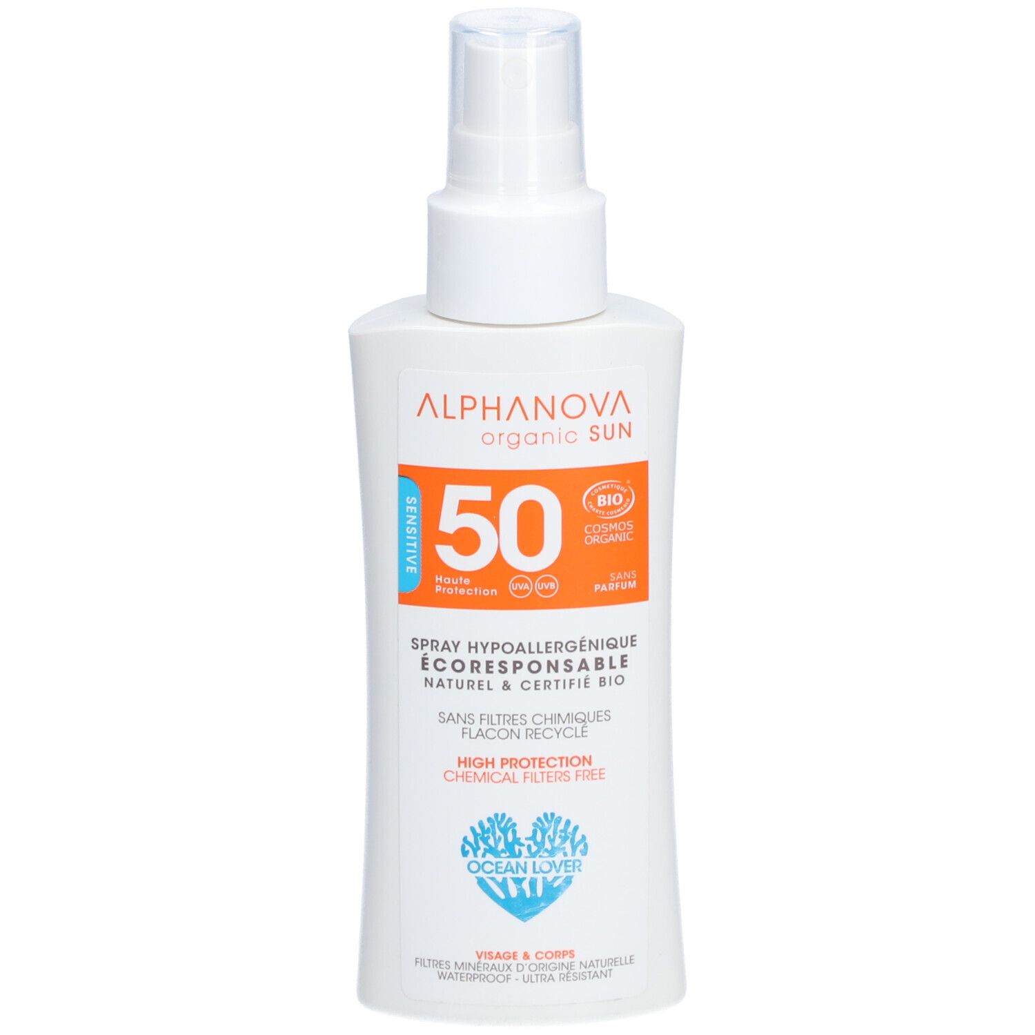 Flacon spray blanc avec étiquette orange. Texte: Alphanova, SPF 50, certification bio. Pour peaux sensibles.