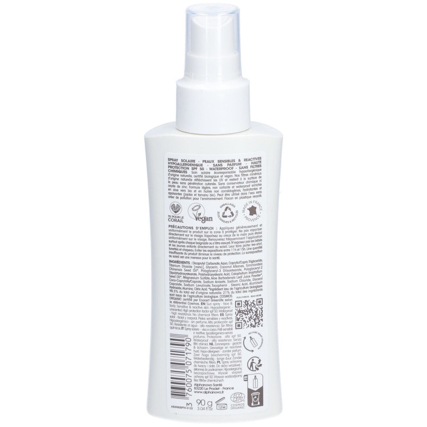 Dos du flacon spray blanc. Texte et symboles: ingrédients, vegan, recyclable, certification bio, code QR.