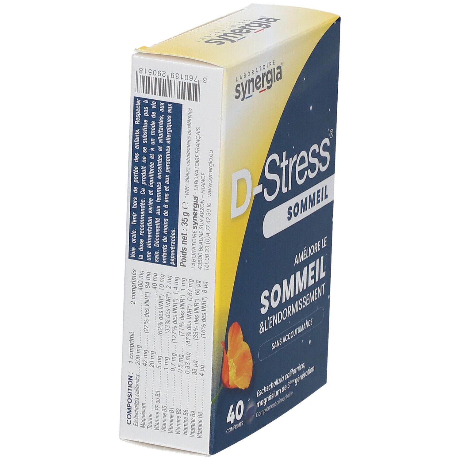 Boîte D-Stress Sommeil, vue latérale. Nom du produit, ingrédients et poids : 35 g.