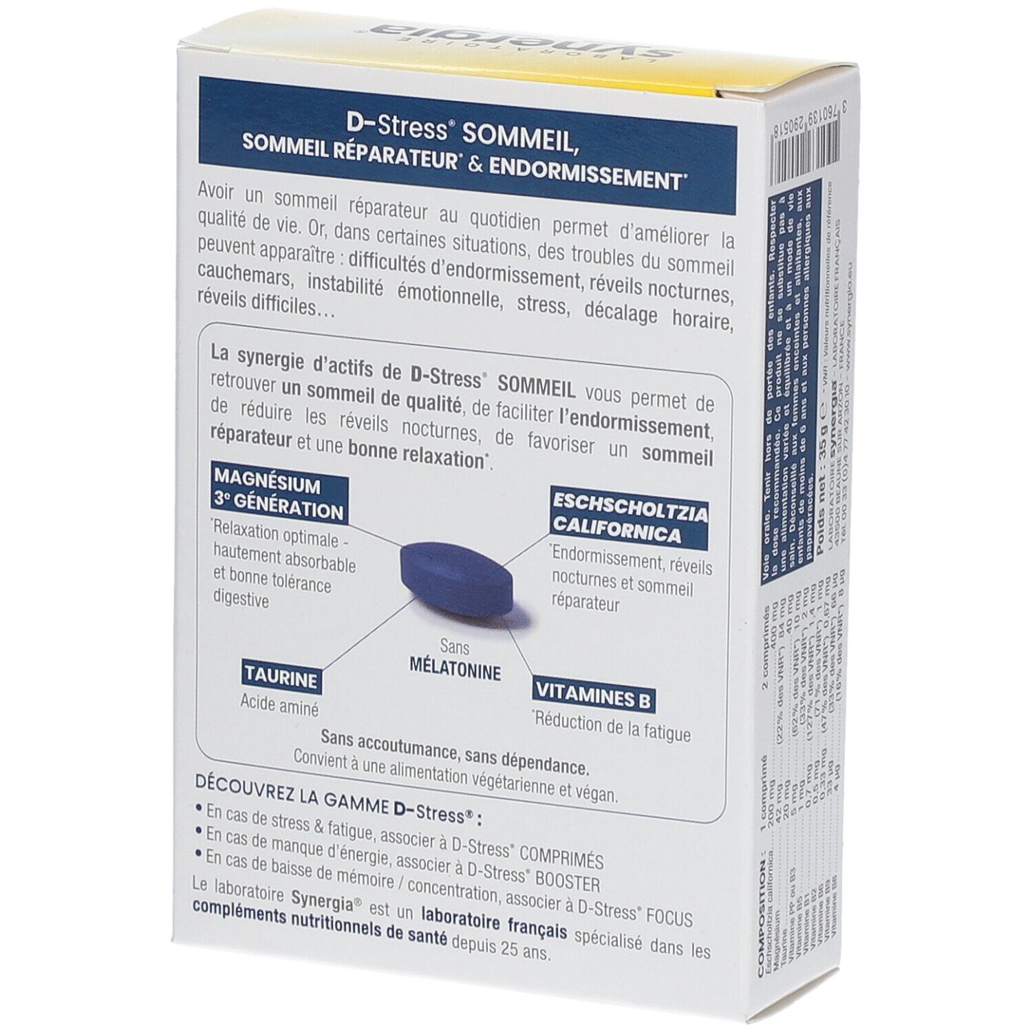 Dos de la boîte D-Stress Sommeil. Informations sur le produit, ingrédients et logo.
