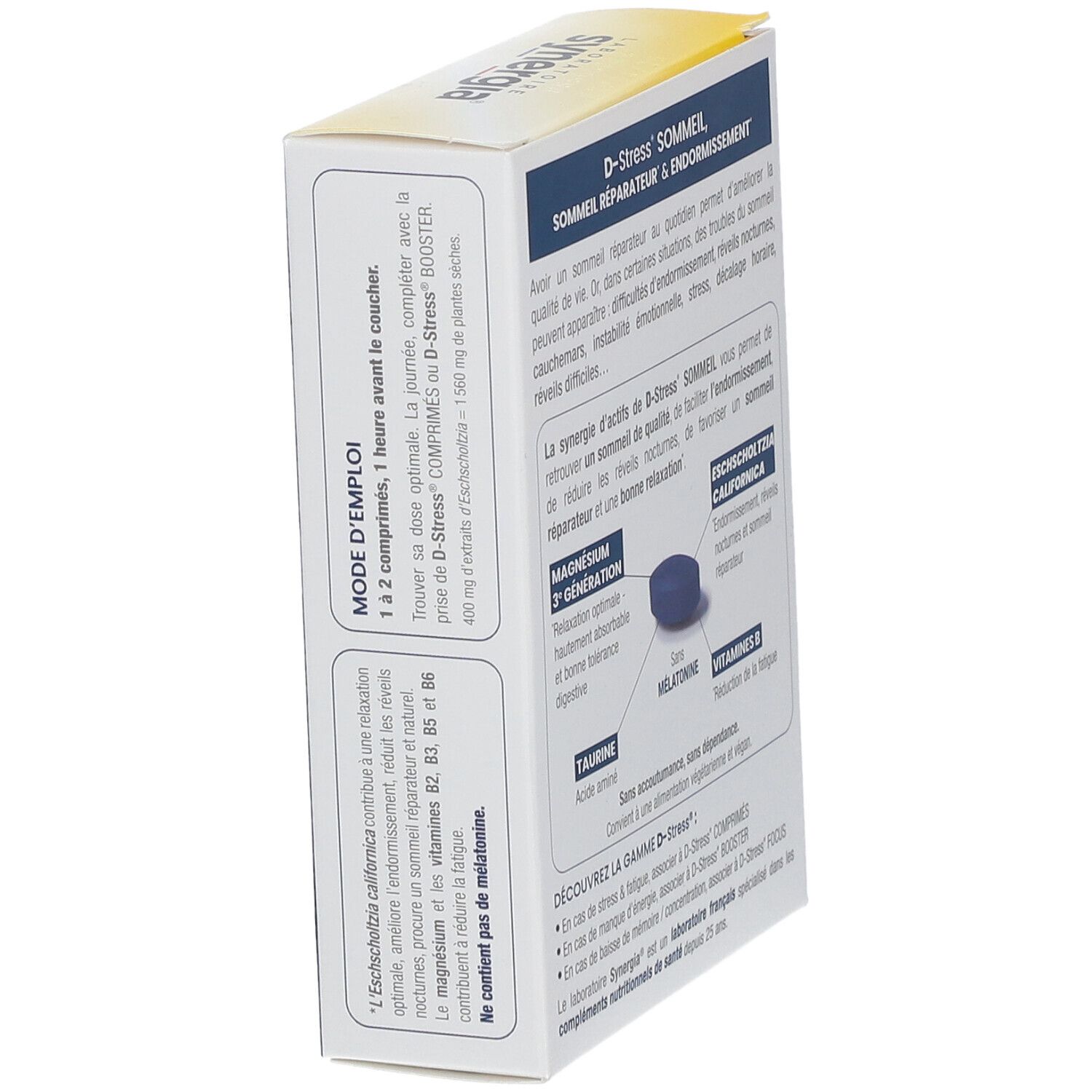 Boîte D-Stress Sommeil, vue latérale. Informations sur le produit et mode d'emploi.