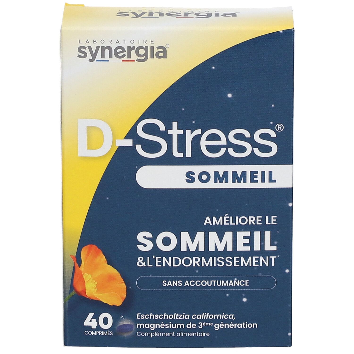 Boîte D-Stress Sommeil. Emballage jaune et bleu avec nom et logo. 40 comprimés.