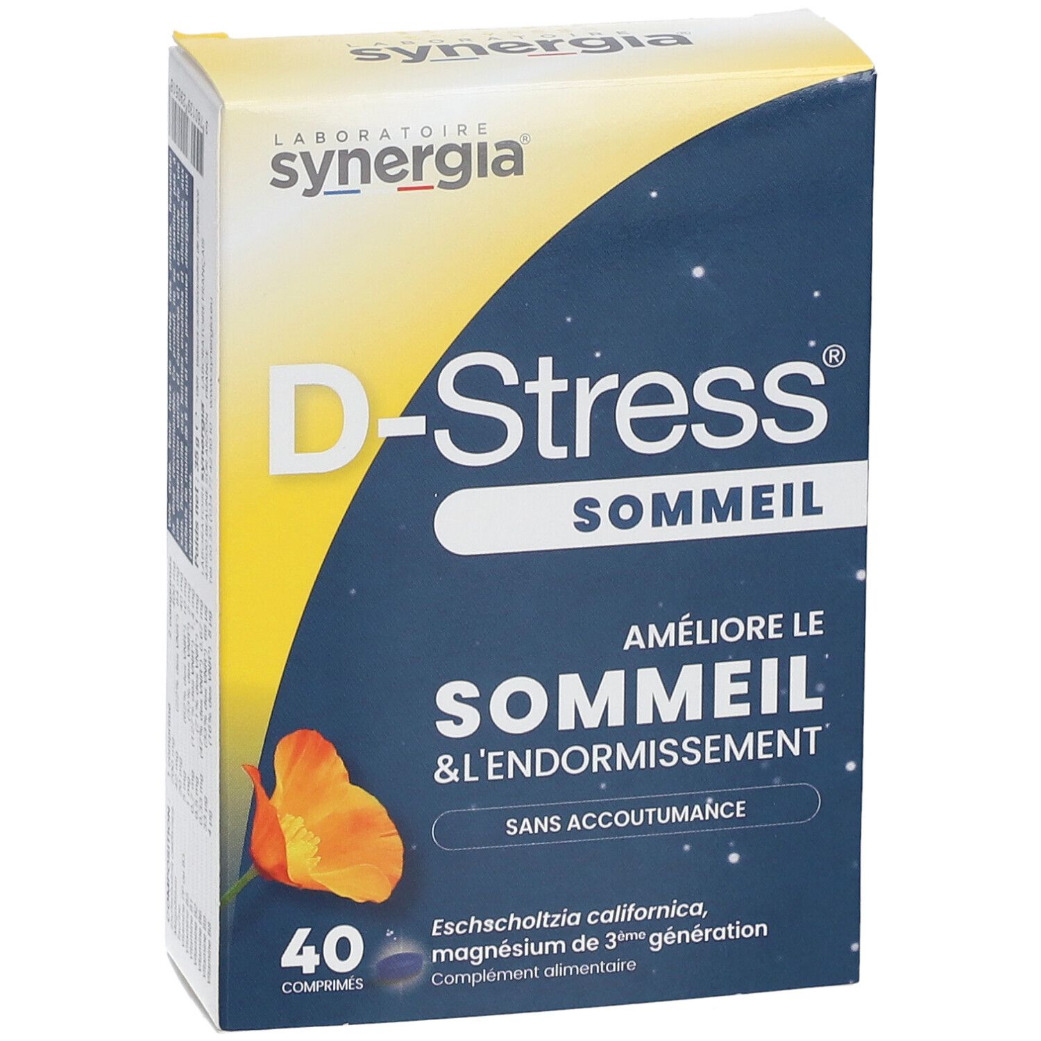 Boîte D-Stress Sommeil. Emballage bleu avec nom et logo. 40 comprimés.