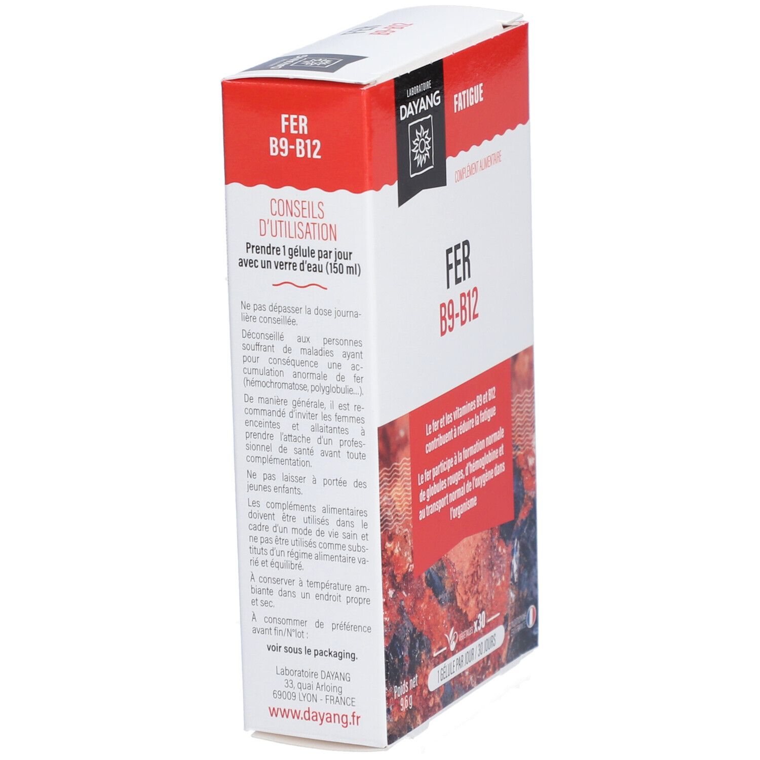 Boîte de FER B9-B12. Emballage rouge et blanc avec informations produit et logo DAYANG.
