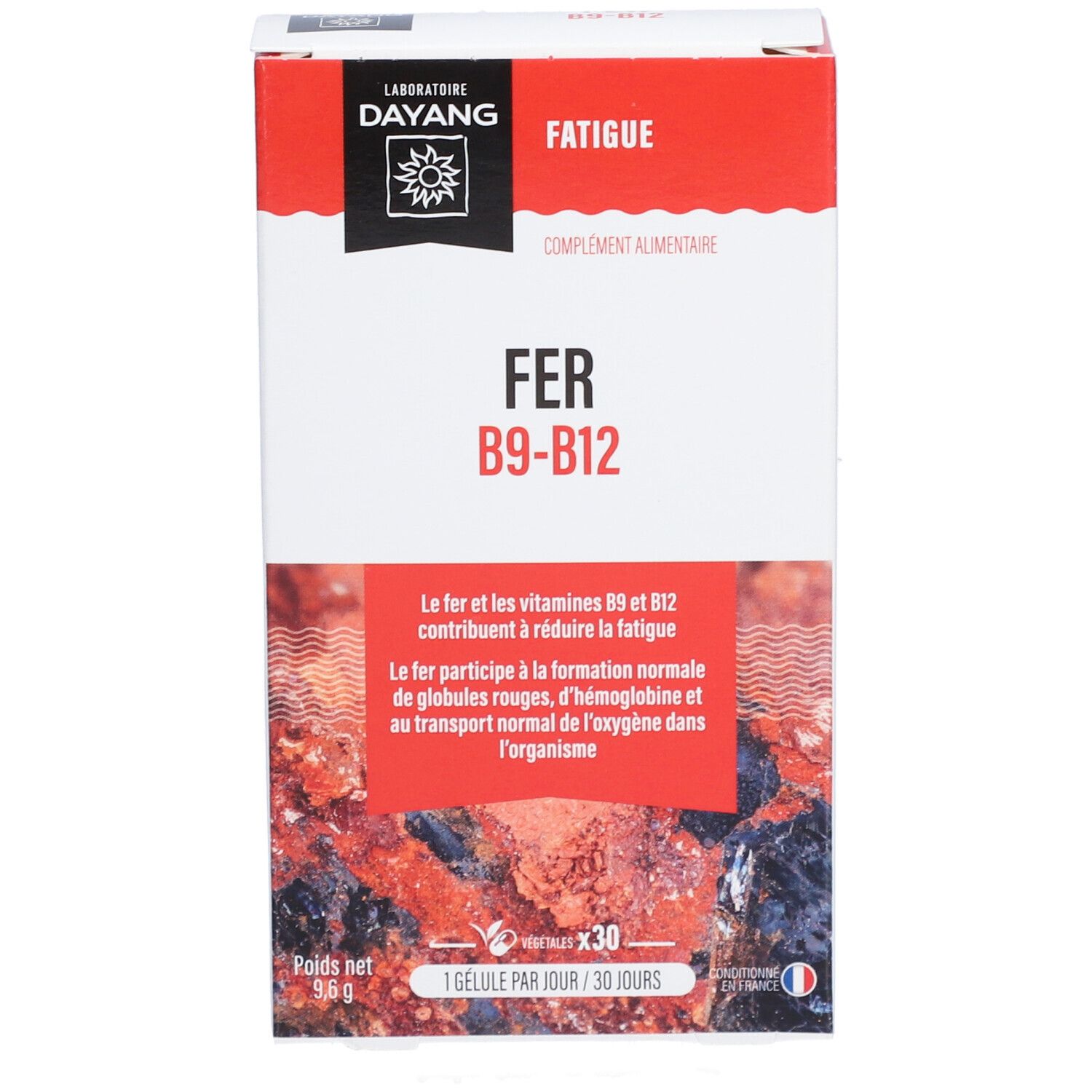 Face avant de la boîte FER B9-B12. Boîte rouge et blanche avec nom du produit et logo DAYANG.