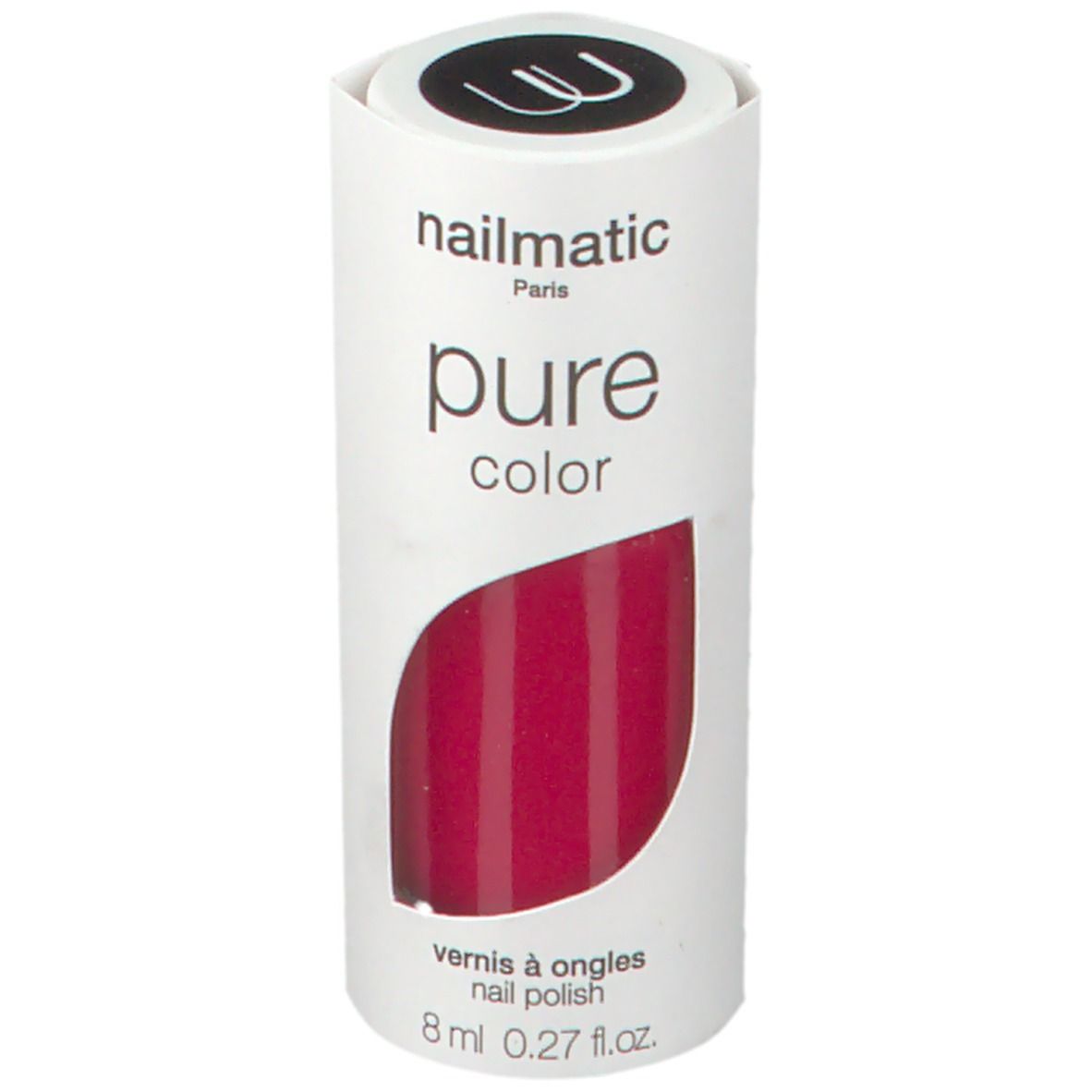 Vernis à ongles rouge framboise dans un emballage blanc. Nom de la marque, nom du produit et volume visibles.