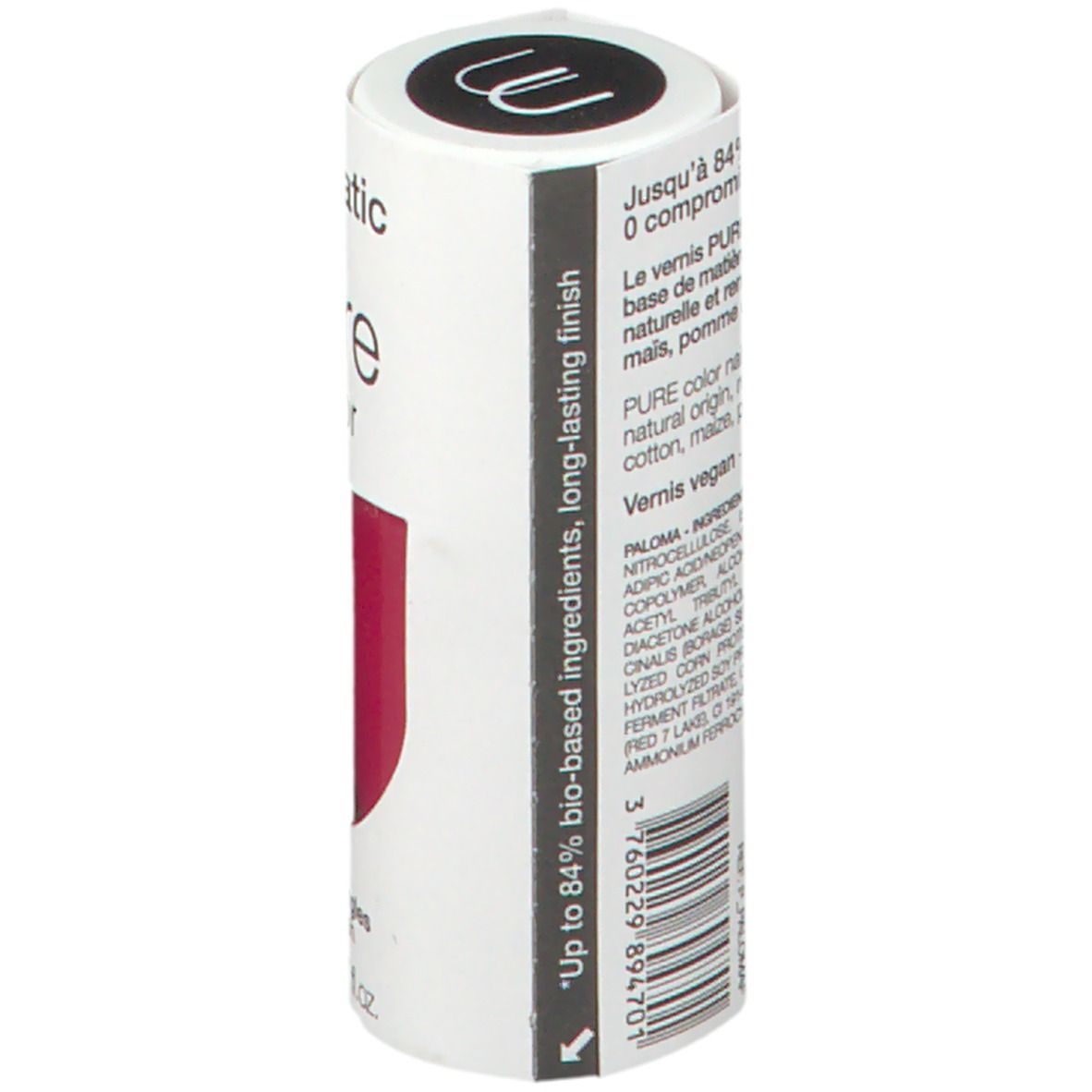 Emballage cylindrique de vernis à ongles. Texte: ingrédients, vegan, jusqu'à 84% biosourcé, longue tenue, code-barres.