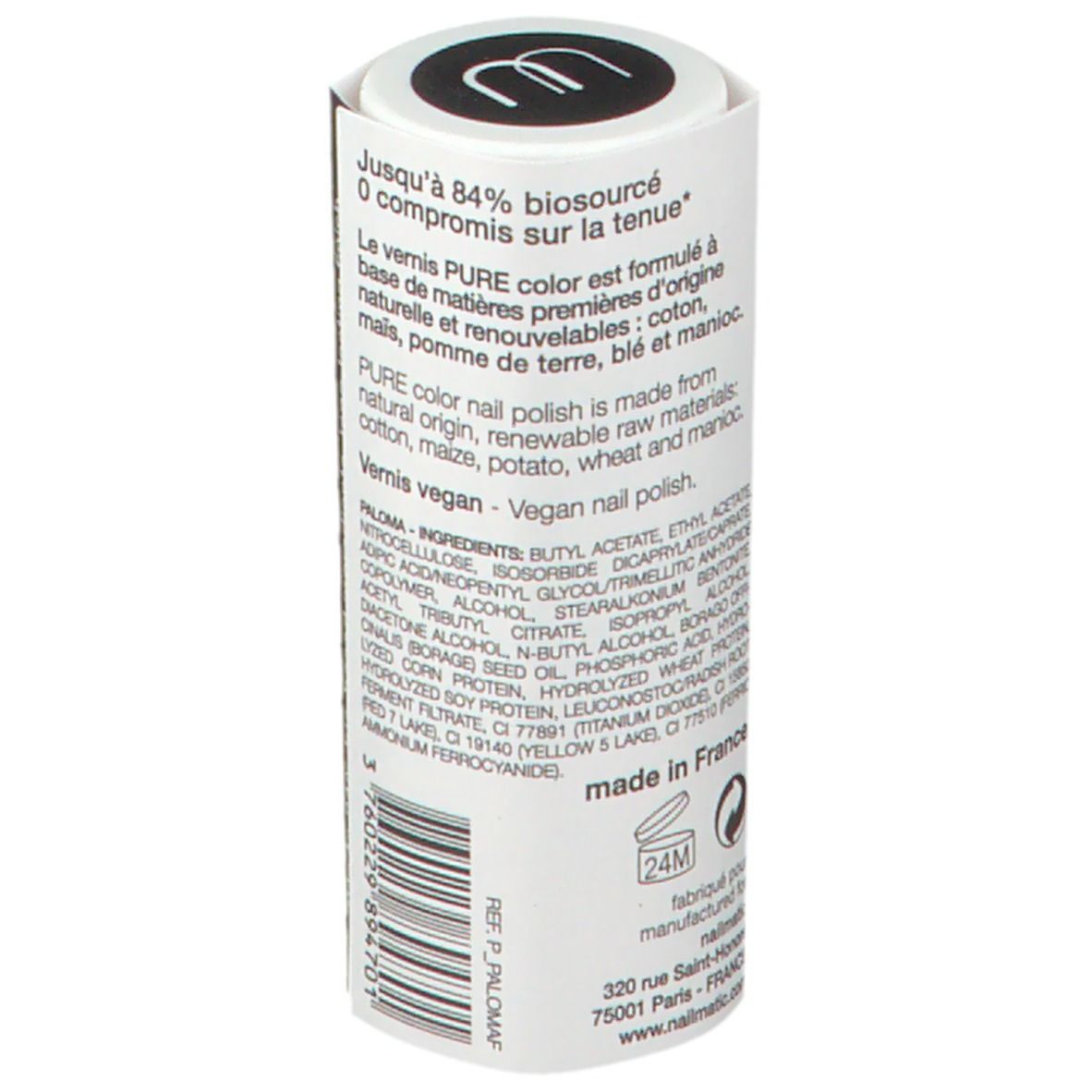 Emballage cylindrique de vernis à ongles. Texte: ingrédients, vegan, fabriqué en France, symbole 24M, adresse.