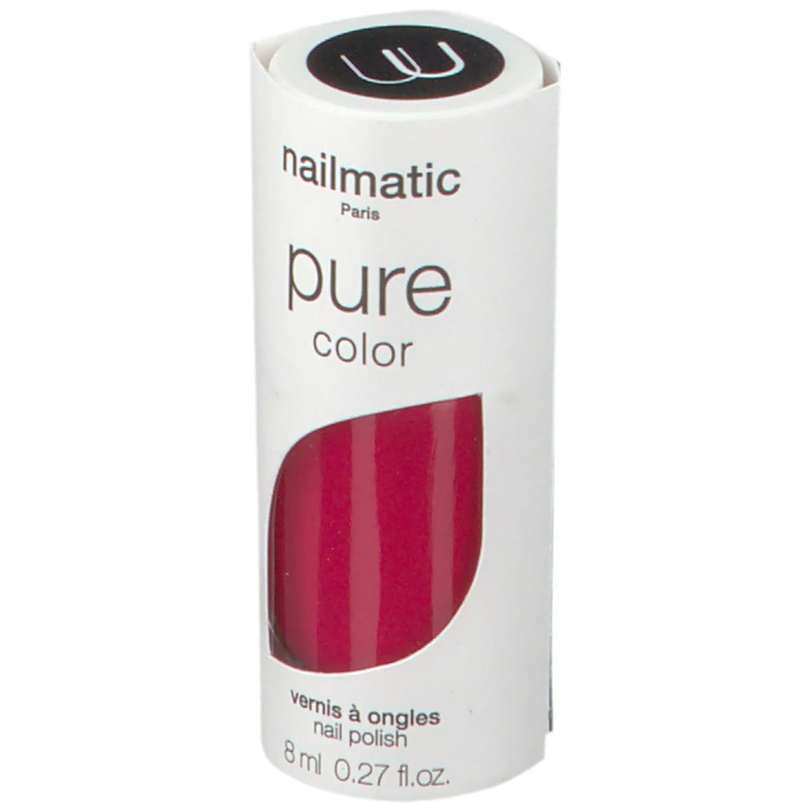 Vernis à ongles rouge framboise dans un emballage blanc. Nom de la marque, nom du produit et volume visibles.