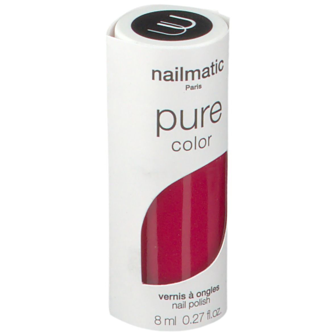 Vernis à ongles rouge framboise dans un emballage blanc. Nom de la marque, nom du produit et volume visibles.