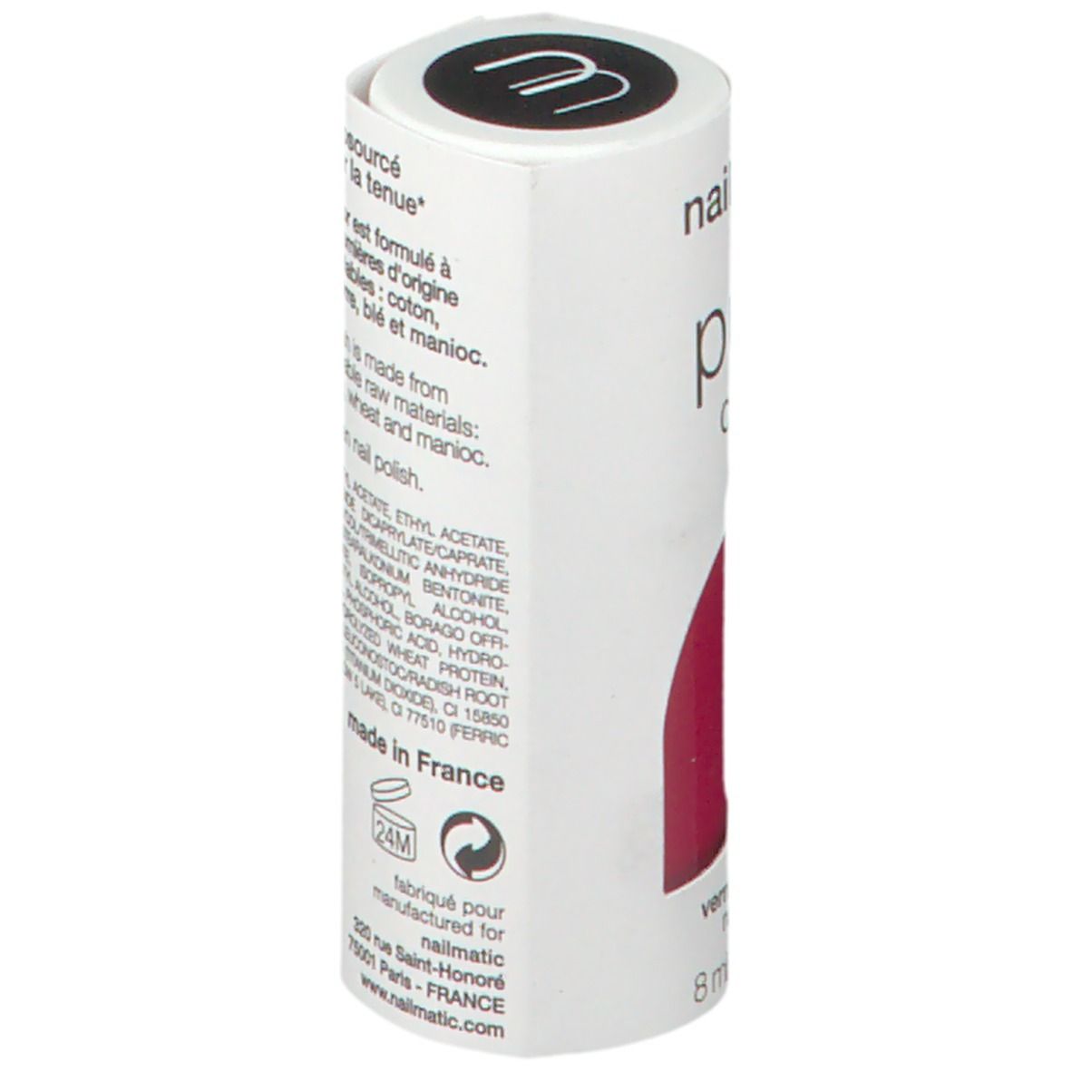 Emballage cylindrique de vernis à ongles. Texte: ingrédients, vegan, fabriqué en France, symbole 24M, adresse.
