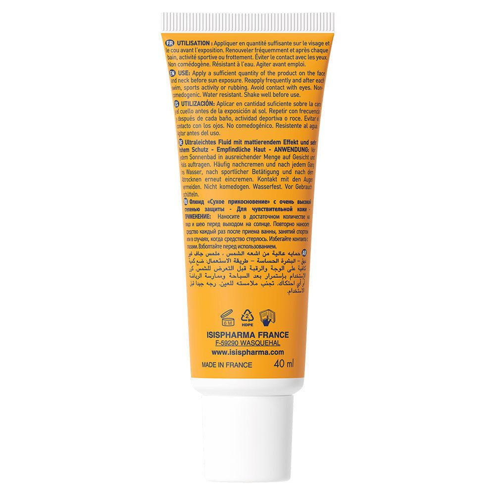 Rückseite der Tube. Text in mehreren Sprachen. Marke ISISPHARMA. 40 ml.