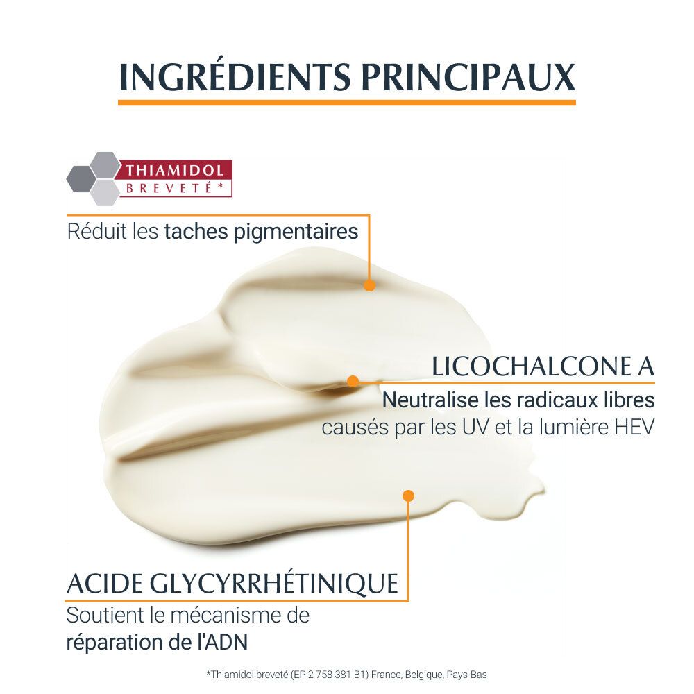 Gros plan de crème. Texte : Ingrédients principaux : Thiamidol, Licochalcone A, Acide glycyrrhétinique.