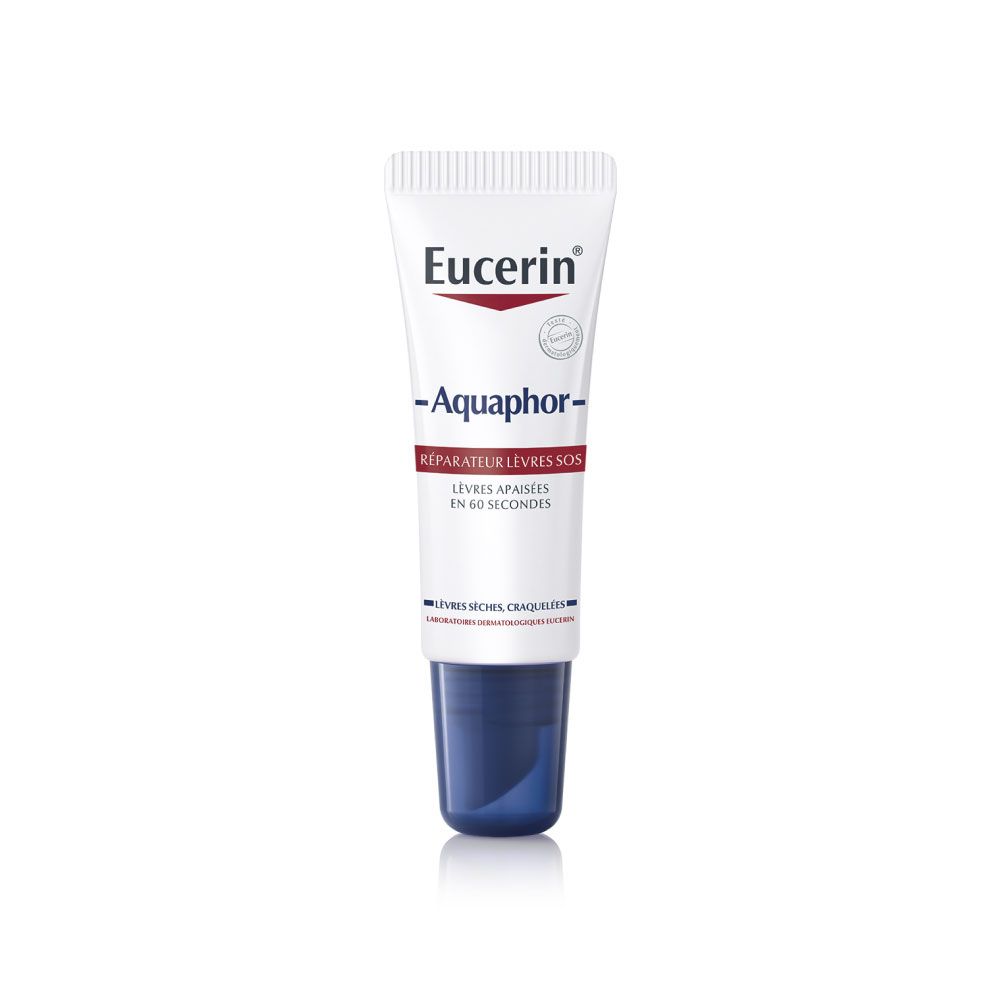 Eucerin Aquaphor Réparateur Lèvres SOS. Tube blanc avec bouchon bleu. Nom du produit et marque visibles.