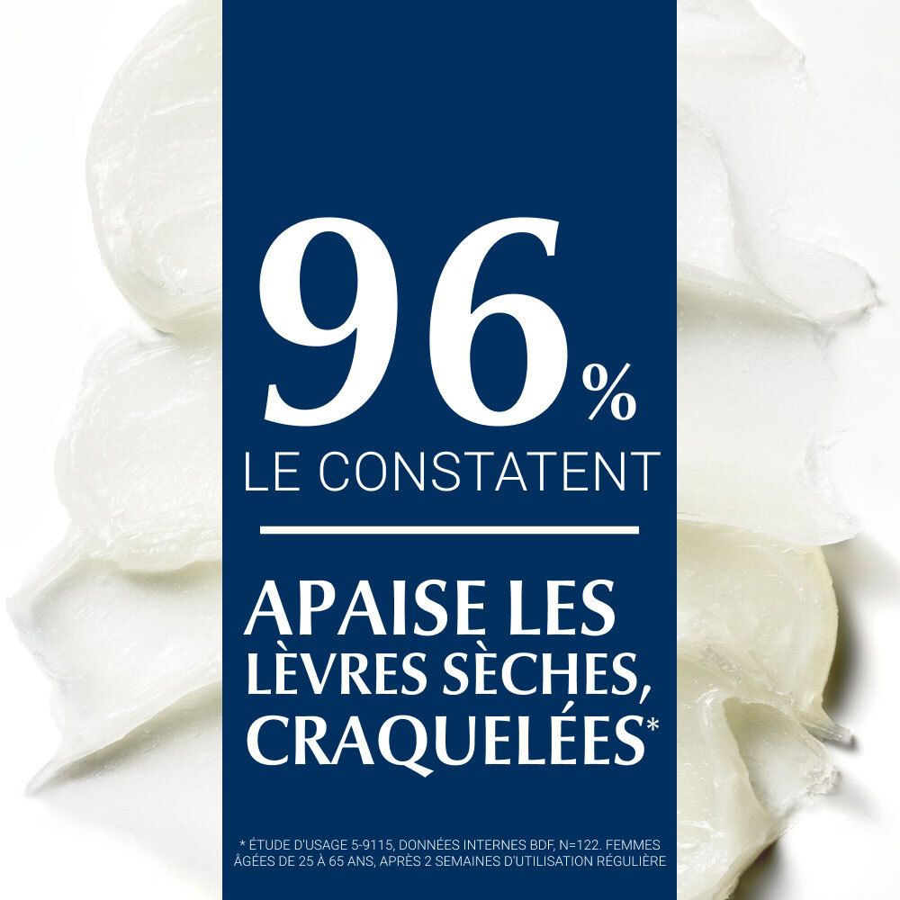 Texte: 96% le constatent, apaise les lèvres sèches et craquelées. Graphique avec texture crème.