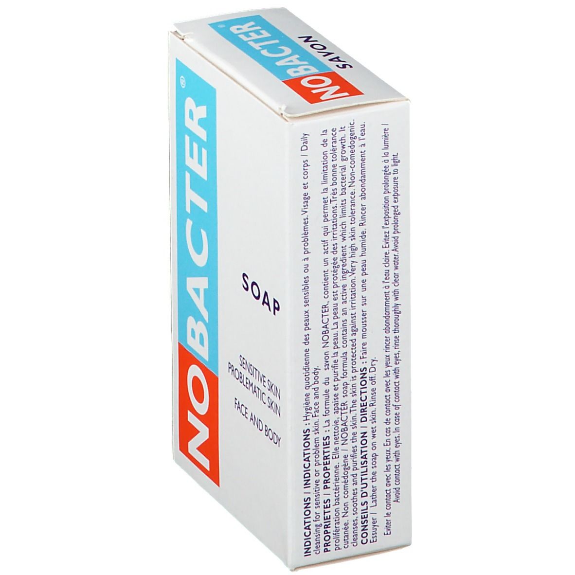 Emballage de savon NOBACTER. Inscription: SOAP, peaux sensibles, visage et corps. Indications.