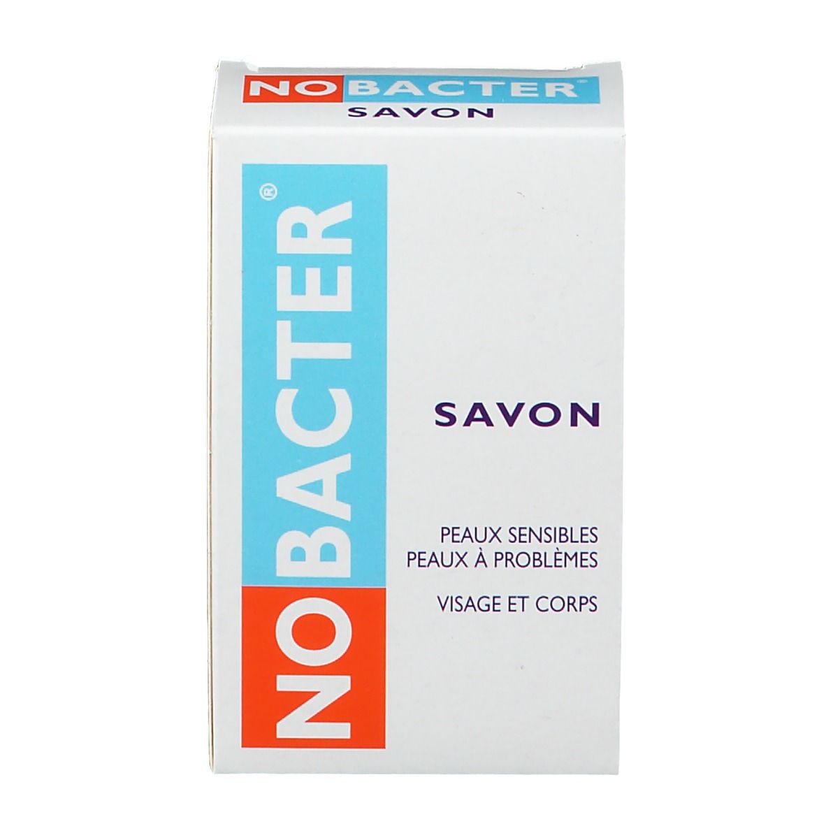 Emballage de savon NOBACTER. Inscription: SAVON, peaux sensibles, visage et corps.