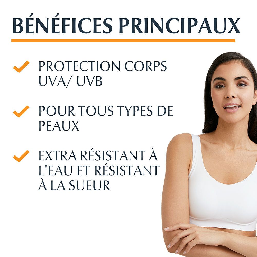 Frau in weißem Top. Text: Bénéfices Principaux, Protection Corps UVA/UVB, Pour tous types de peaux, Extra résistant à l'eau et à la sueur.