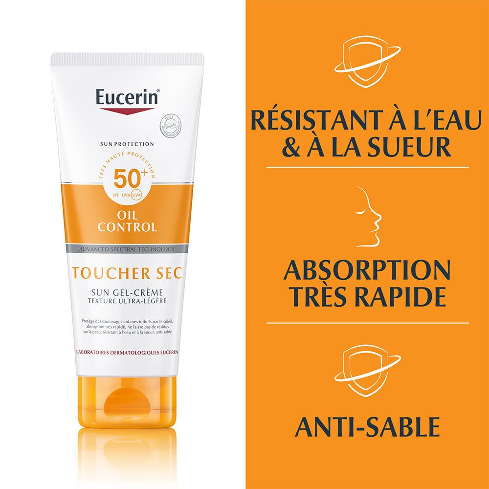 Orangefarbener Hintergrund. Text: Résistant à l'eau & à la sueur, Absorption très rapide, Anti-sable. Produktabbildung.