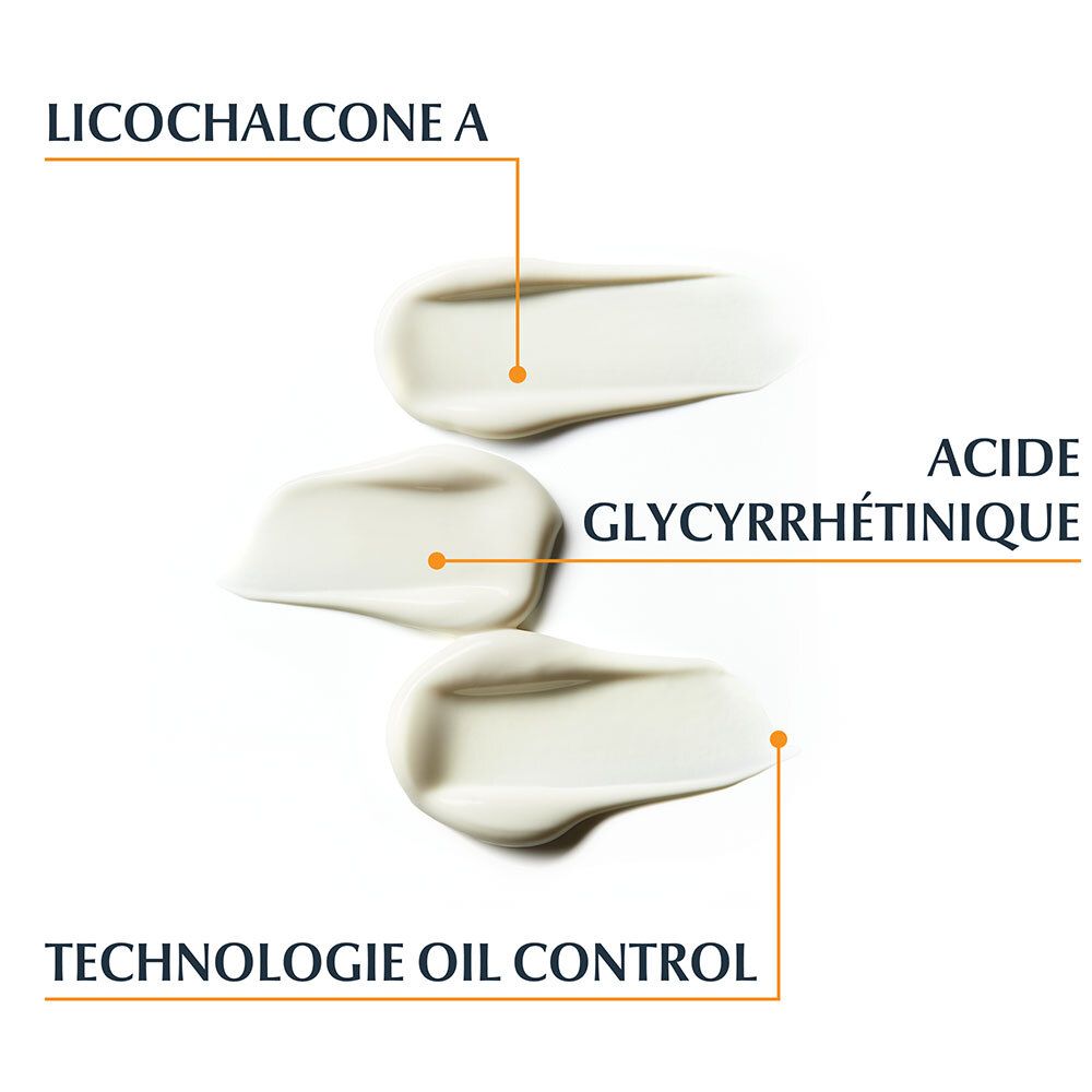 Drei cremige Produktproben. Beschriftung: Licochalcone A, Acide Glycyrrhétinique, Technologie Oil Control.