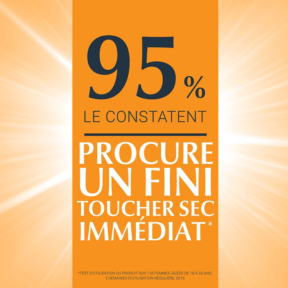 Orangefarbener Hintergrund. Text: 95% bestätigen, Procure un fini toucher sec immédiat.