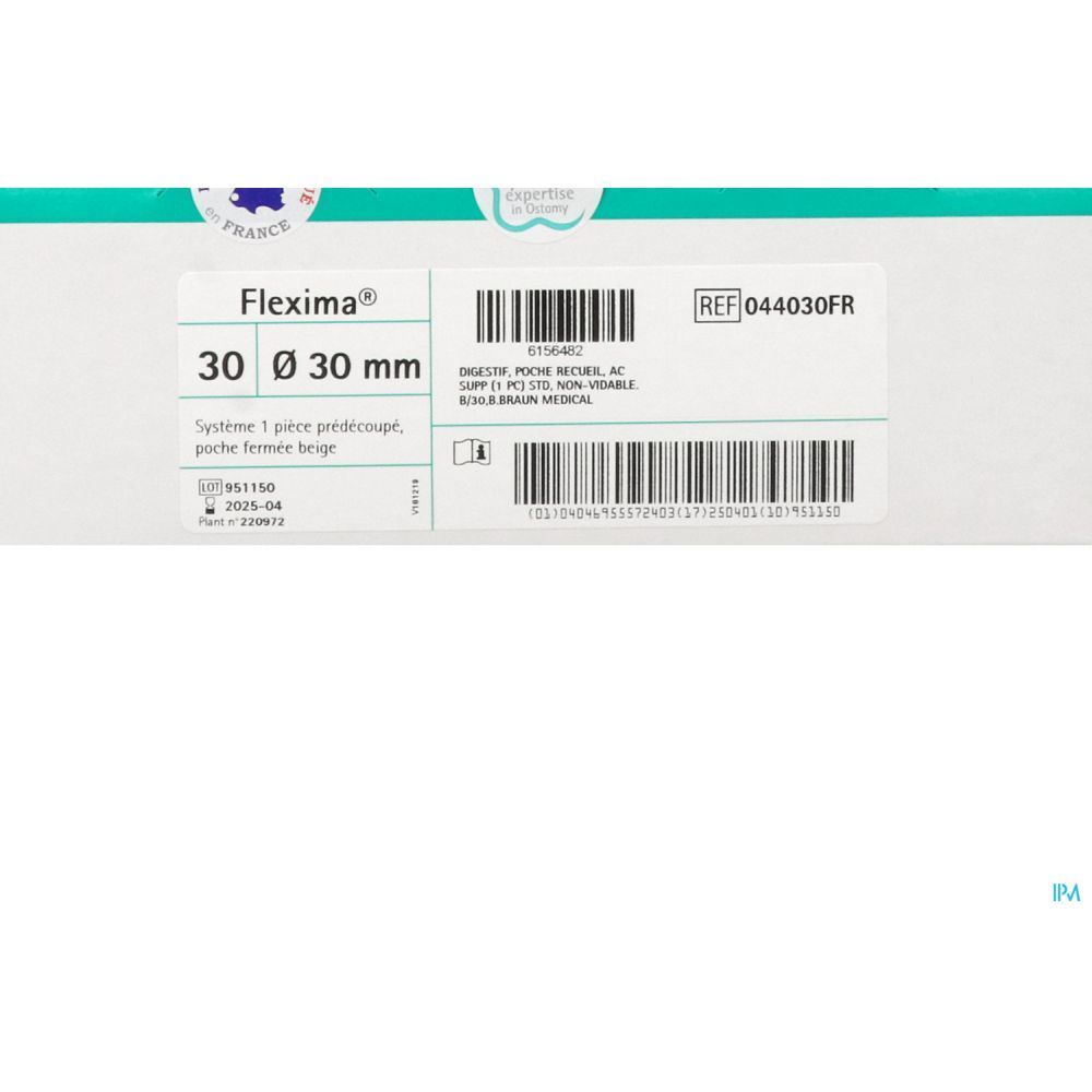 Emballage produit. Flexima, diamètre 30 mm, système 1 pièce prédécoupée, poche fermée beige.