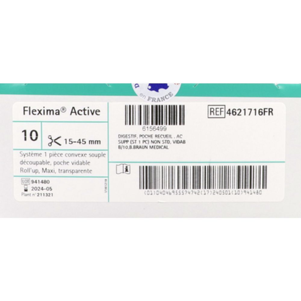 Boîte Flexima Active. 10 unités, 15-45 mm. Poche convexe transparente. Braun Medical.