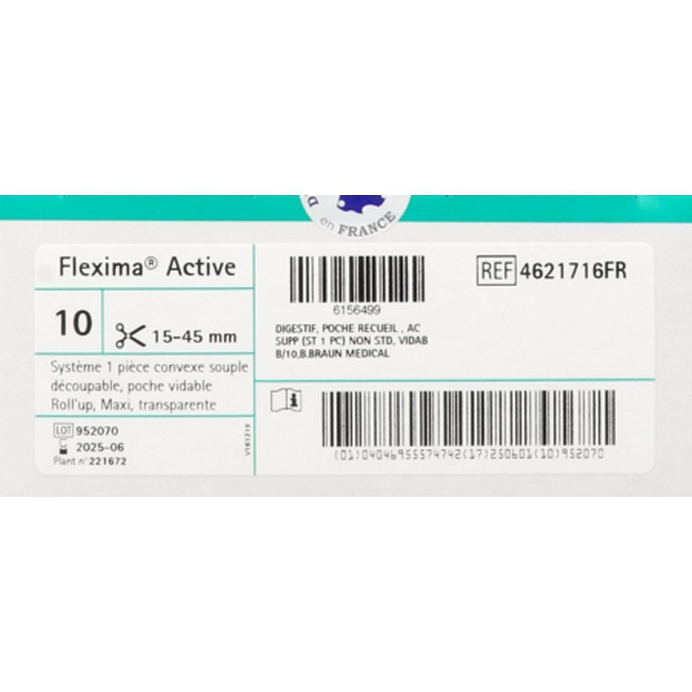 Boîte Flexima Active. 10 unités, 15-45 mm. Poche convexe transparente. Braun Medical.