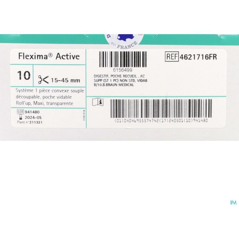 Boîte Flexima Active. 10 unités, 15-45 mm. Poche convexe transparente. Braun Medical.